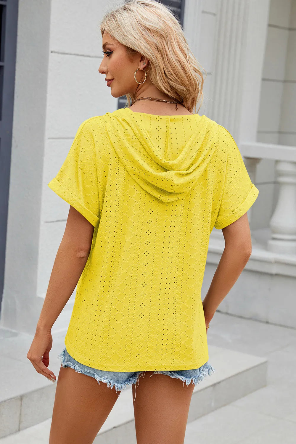 Solid color button hooded loose short sleeved T-shirt top for women