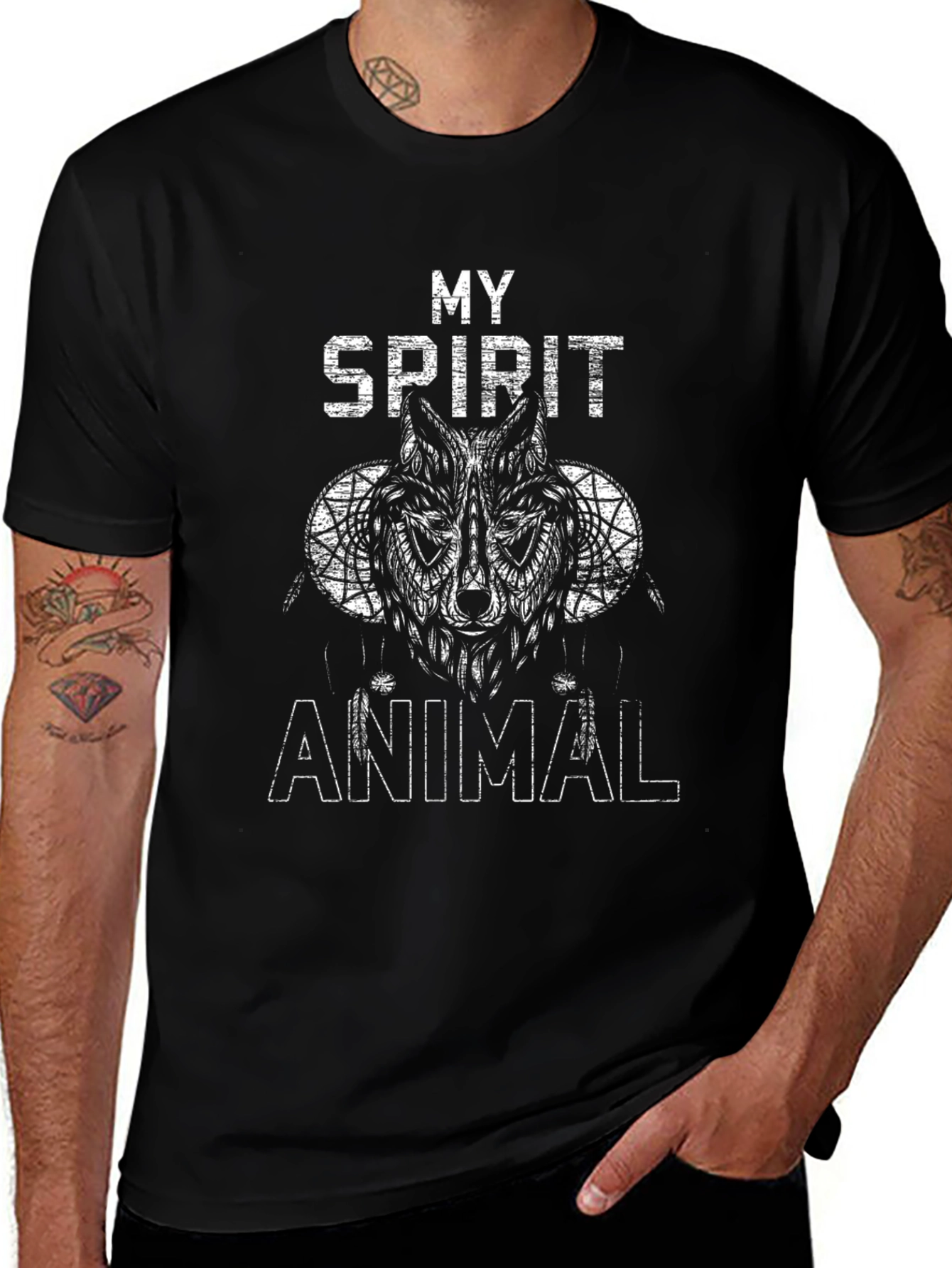Spirit Animal Wolf Graphic Tee - Black Cotton T-Shirt