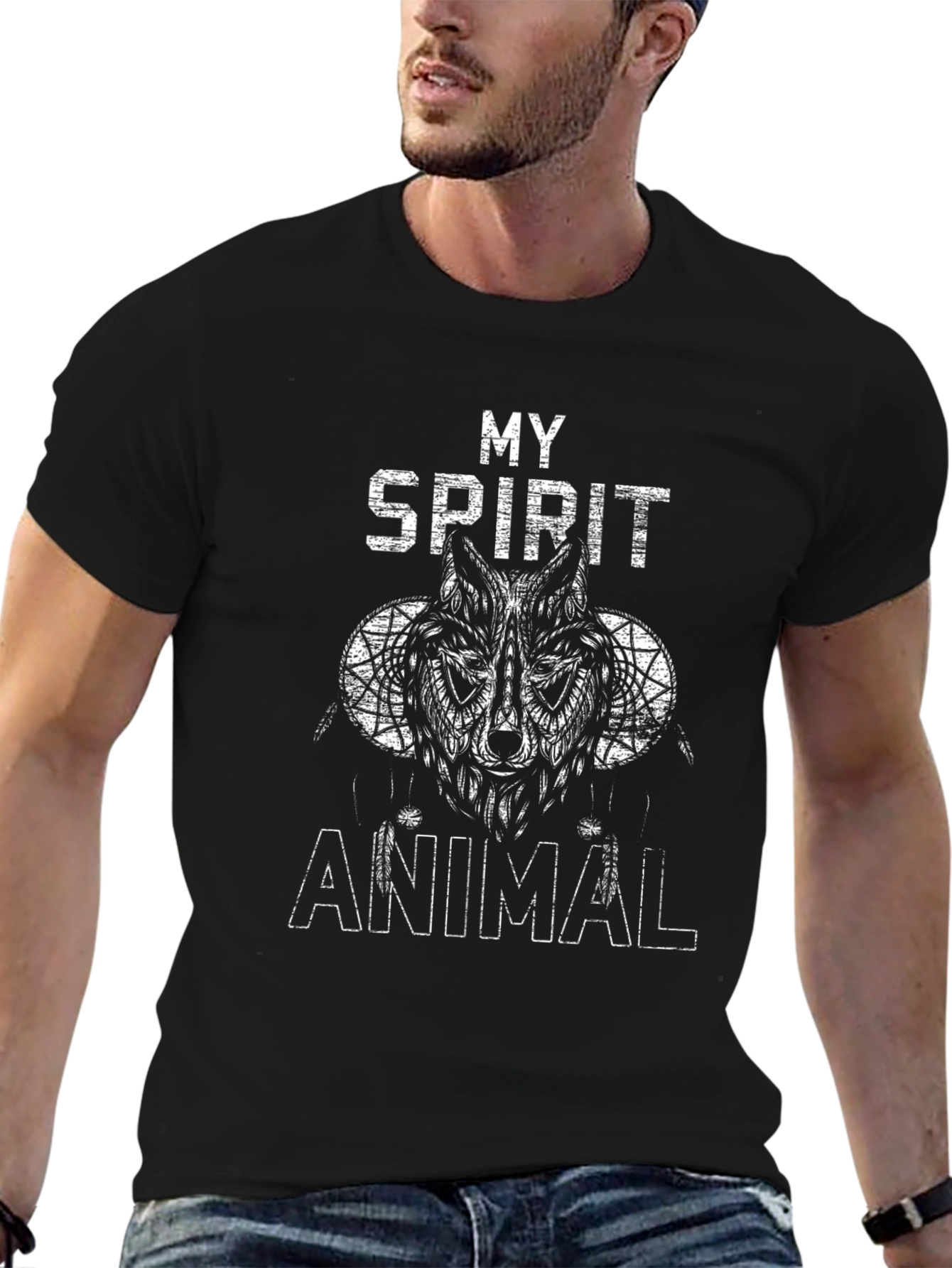 Spirit Animal Wolf Graphic Tee - Black Cotton T-Shirt