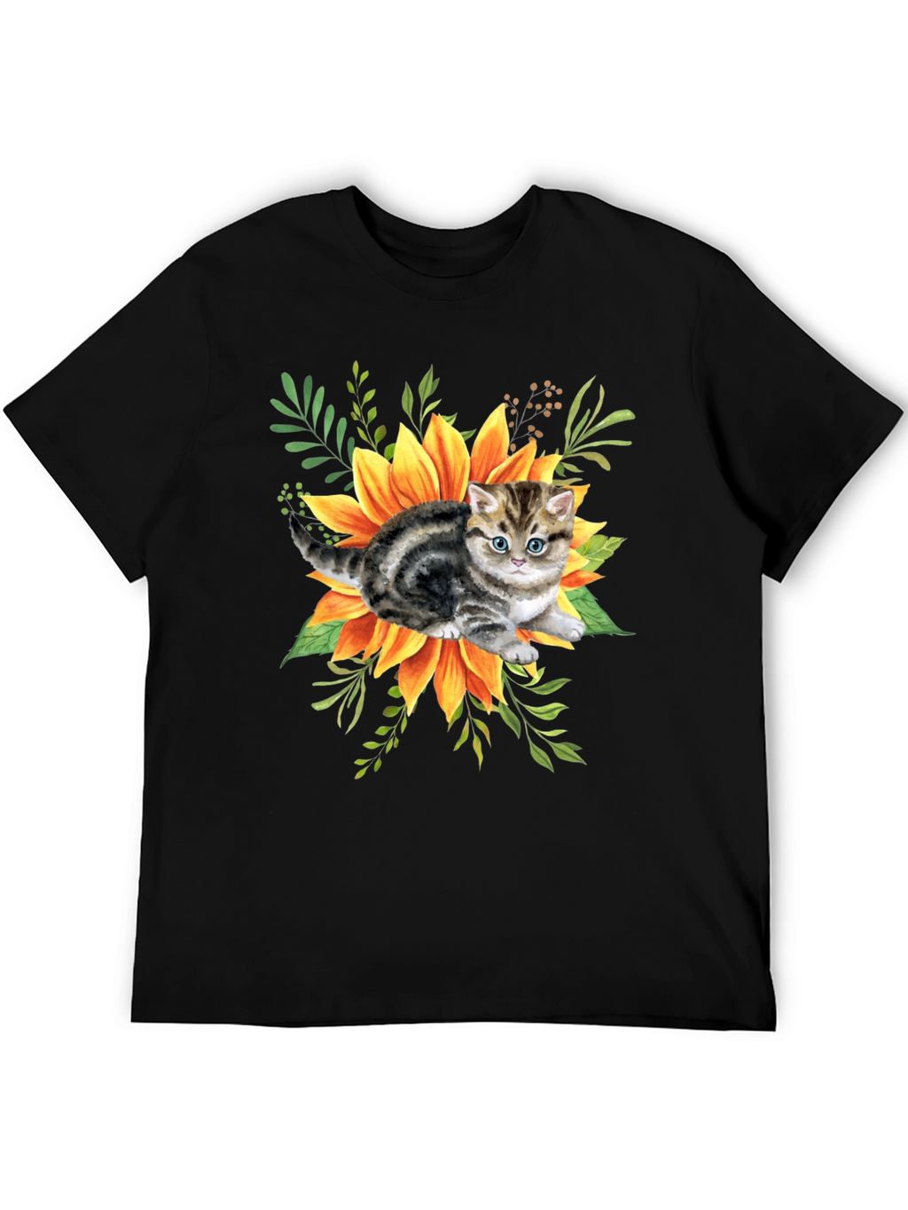 Kitten & Sunflower Graphic Tee - Black Cotton Blend