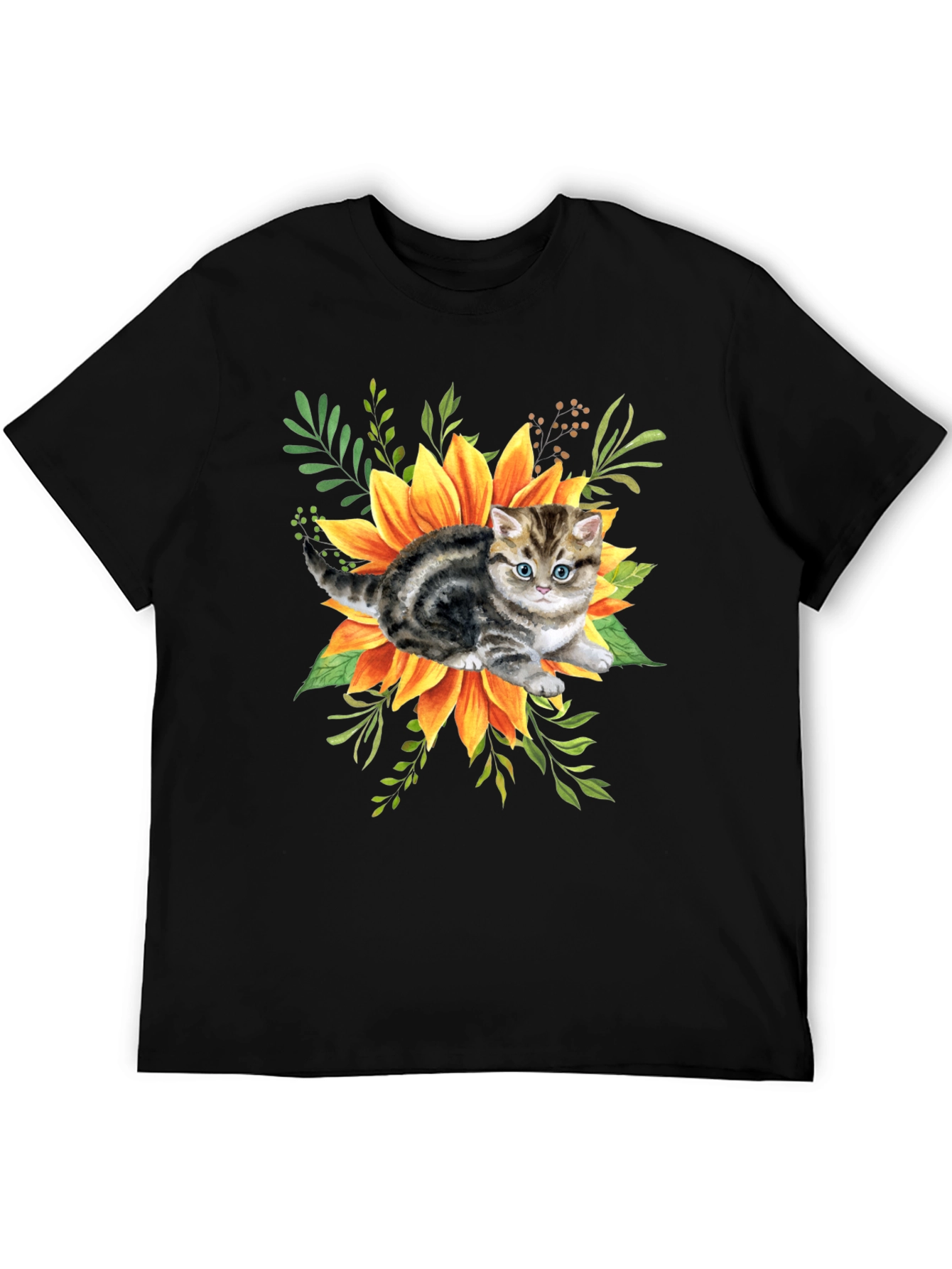 Kitten & Sunflower Graphic Tee - Black Cotton Blend