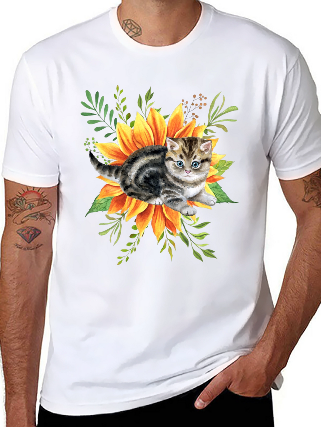 Kitten & Sunflower Graphic Tee - Black Cotton Blend