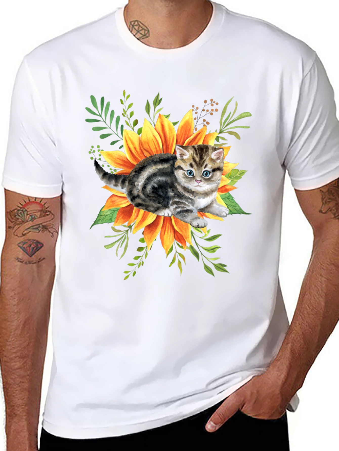 Kitten & Sunflower Graphic Tee - Black Cotton Blend