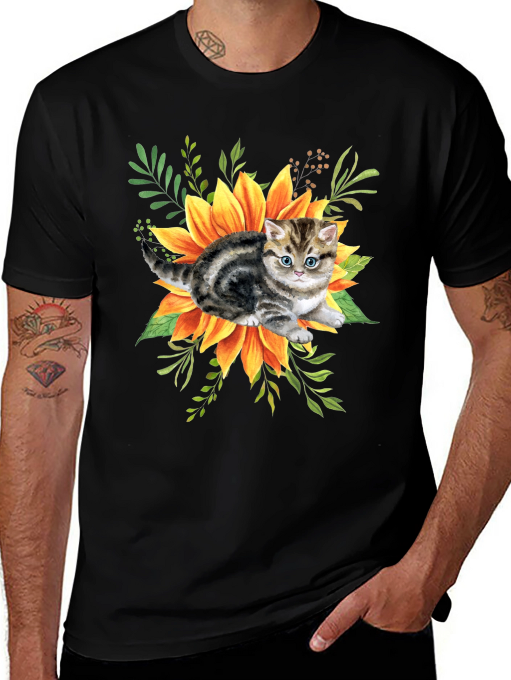 Kitten & Sunflower Graphic Tee - Black Cotton Blend