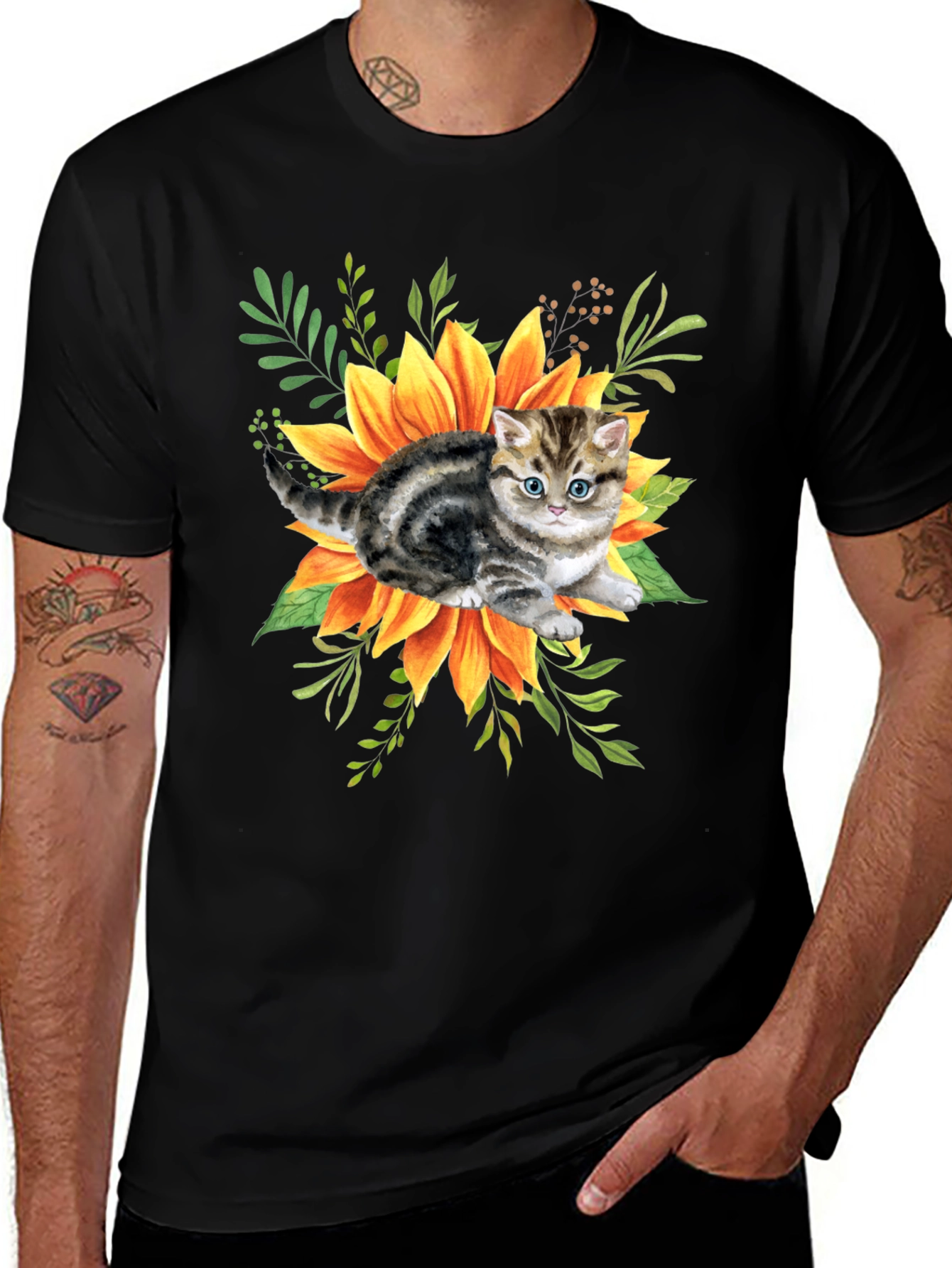 Kitten & Sunflower Graphic Tee - Black Cotton Blend