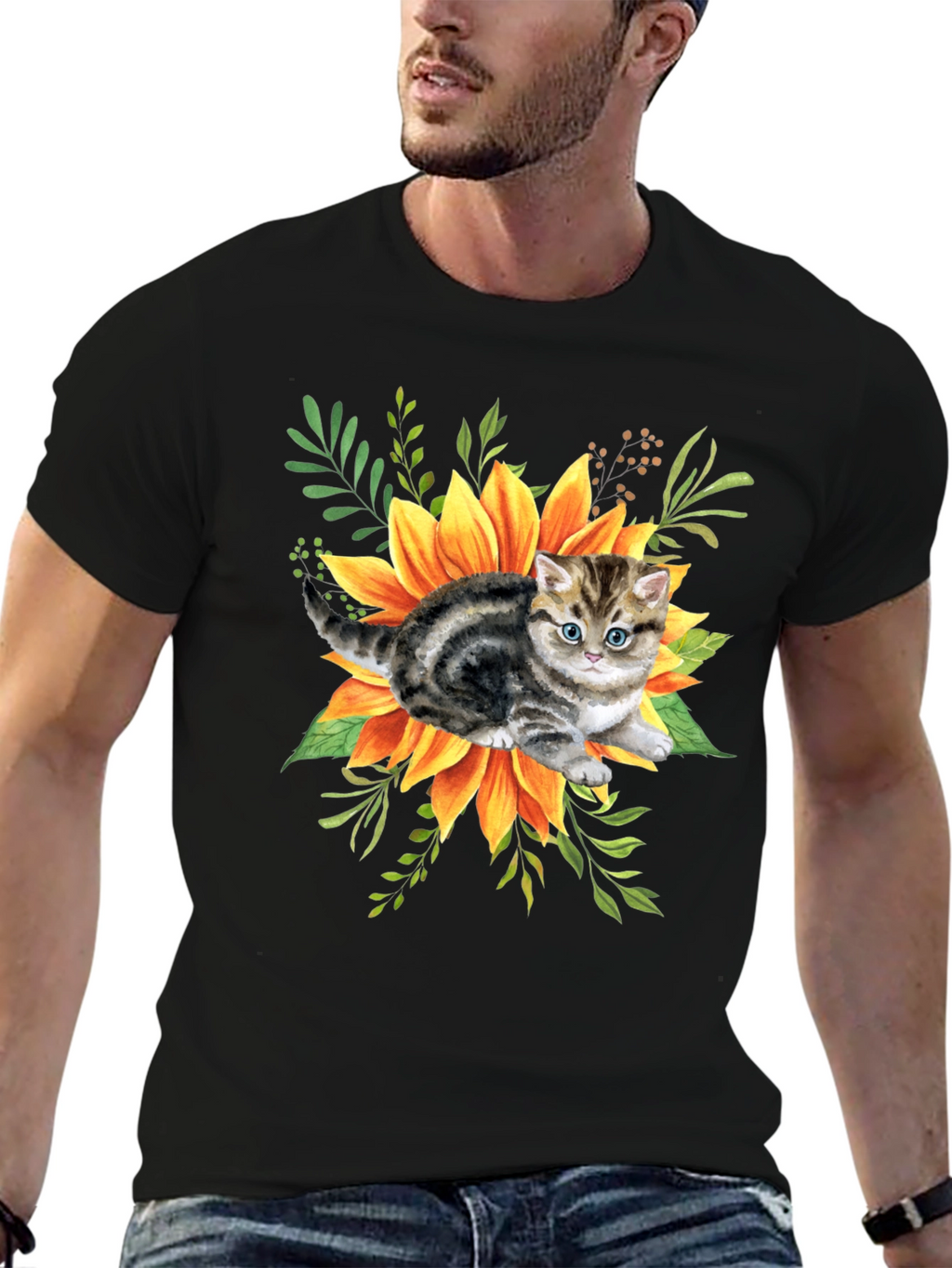 Kitten & Sunflower Graphic Tee - Black Cotton Blend