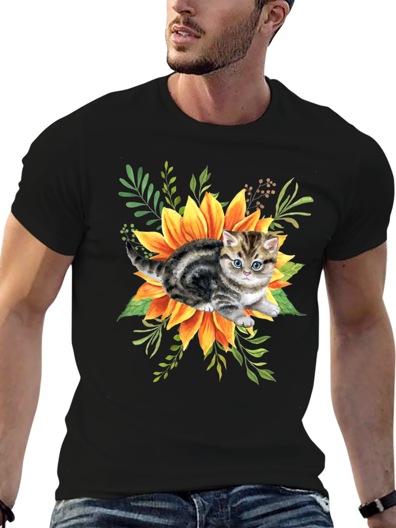 Kitten & Sunflower Graphic Tee - Black Cotton Blend