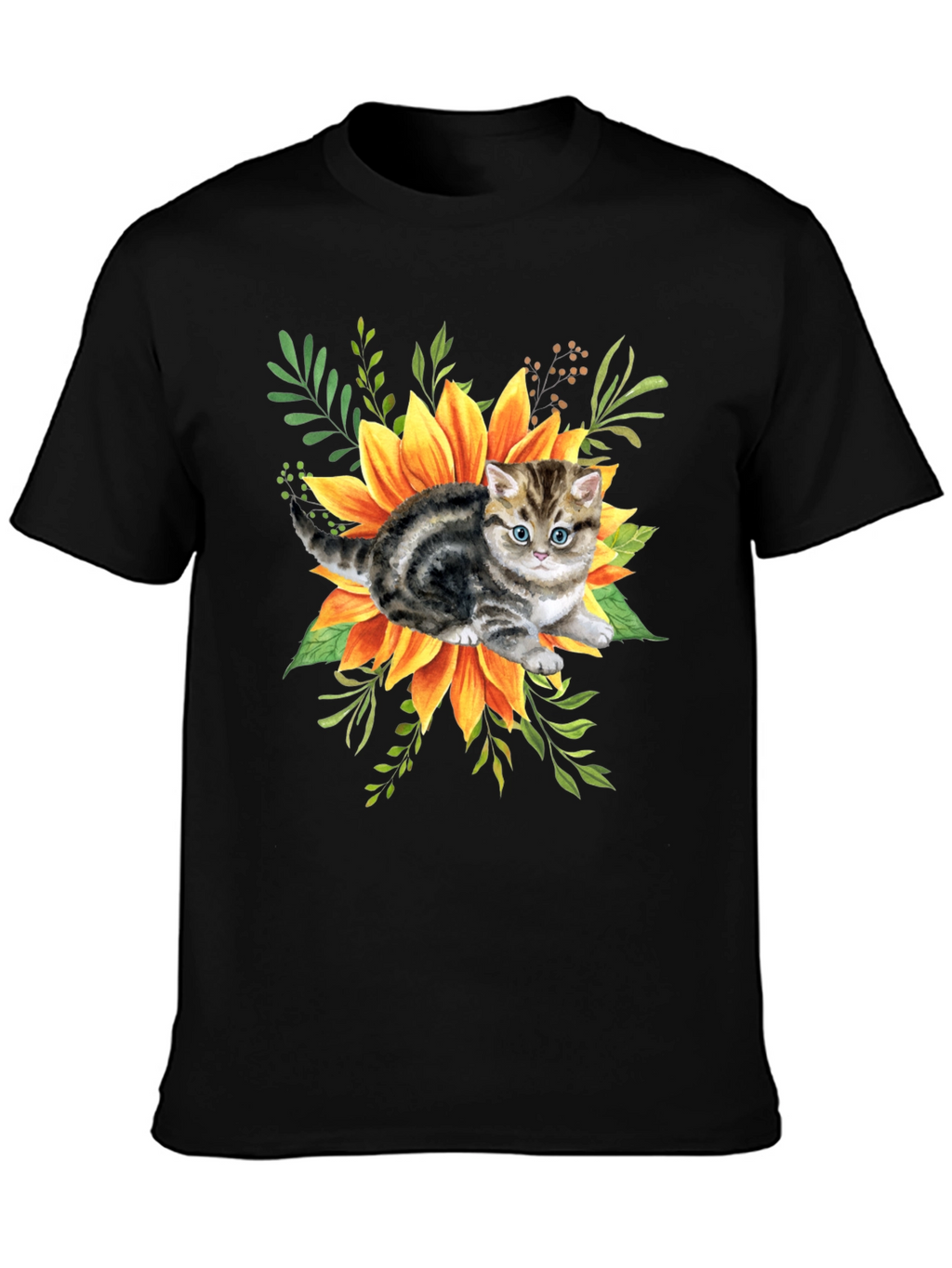 Kitten & Sunflower Graphic Tee - Black Cotton Blend