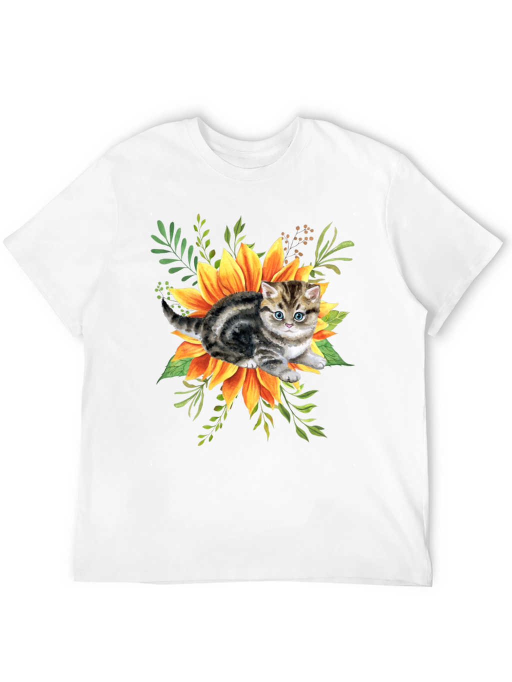 Kitten & Sunflower Graphic Tee - Black Cotton Blend