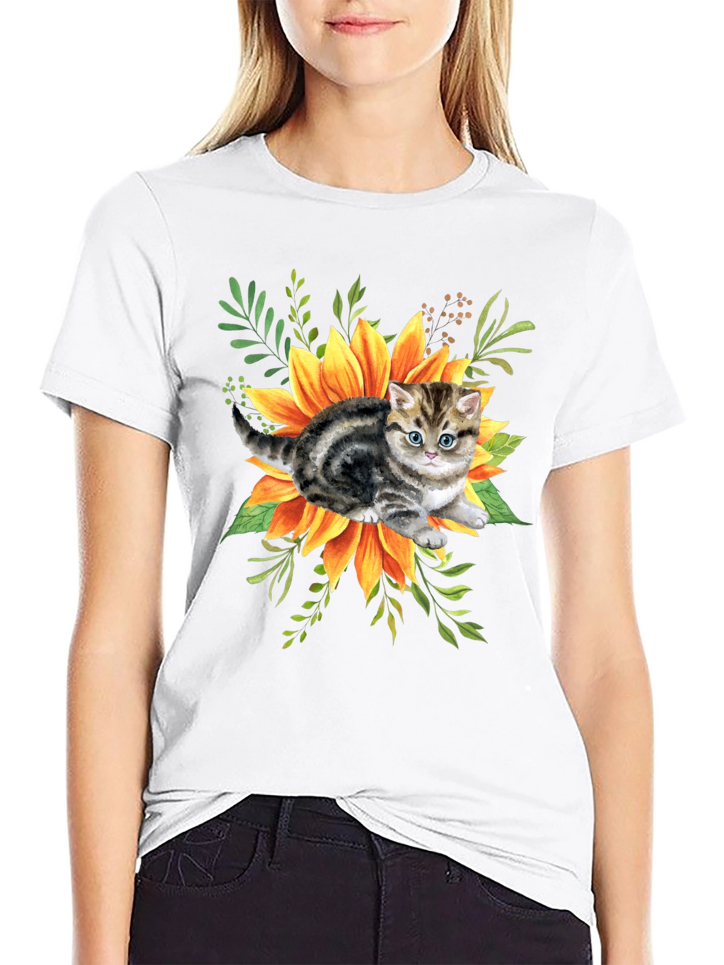 Kitten & Sunflower Graphic Tee - Black Cotton Blend