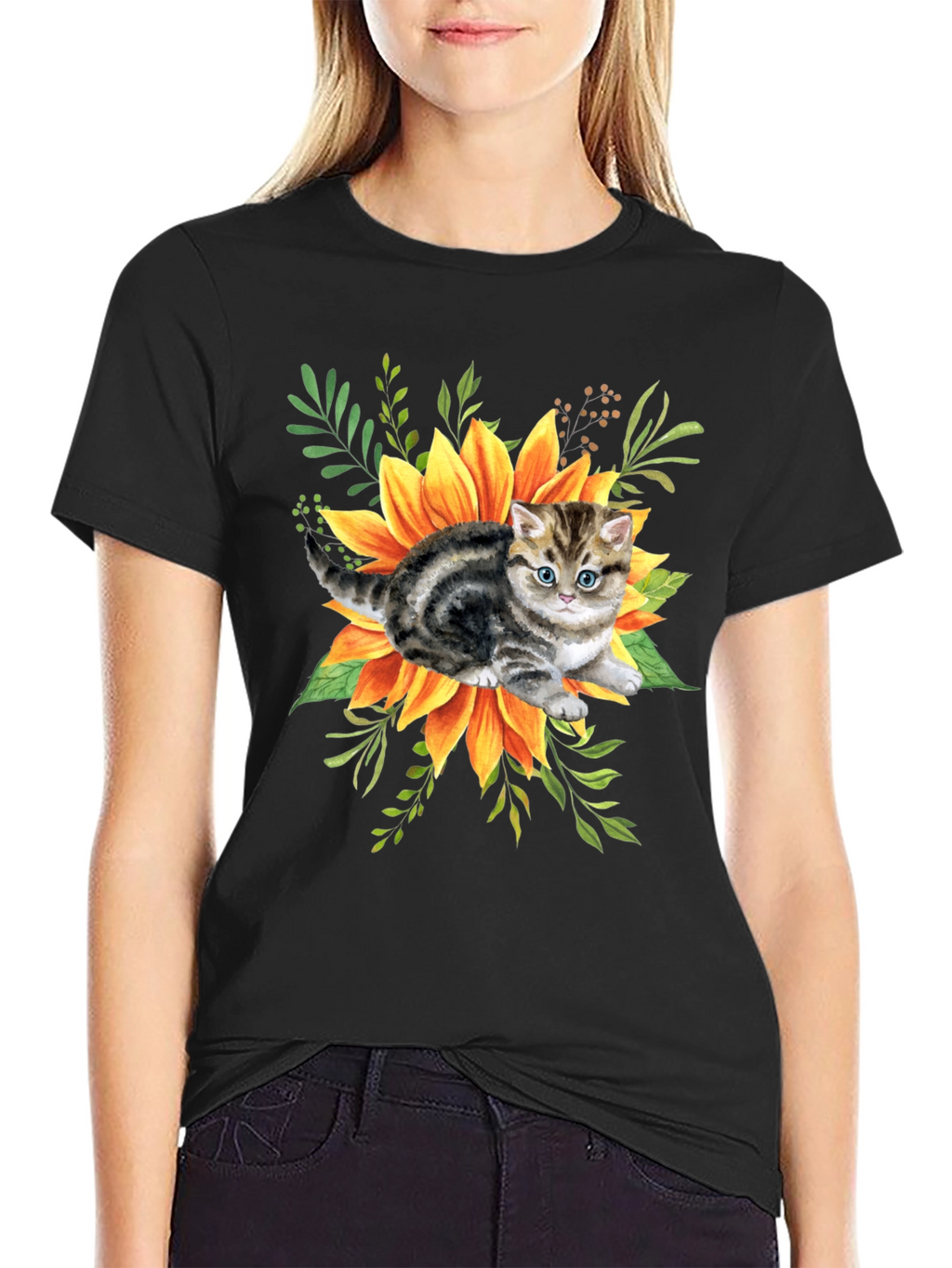 Kitten & Sunflower Graphic Tee - Black Cotton Blend
