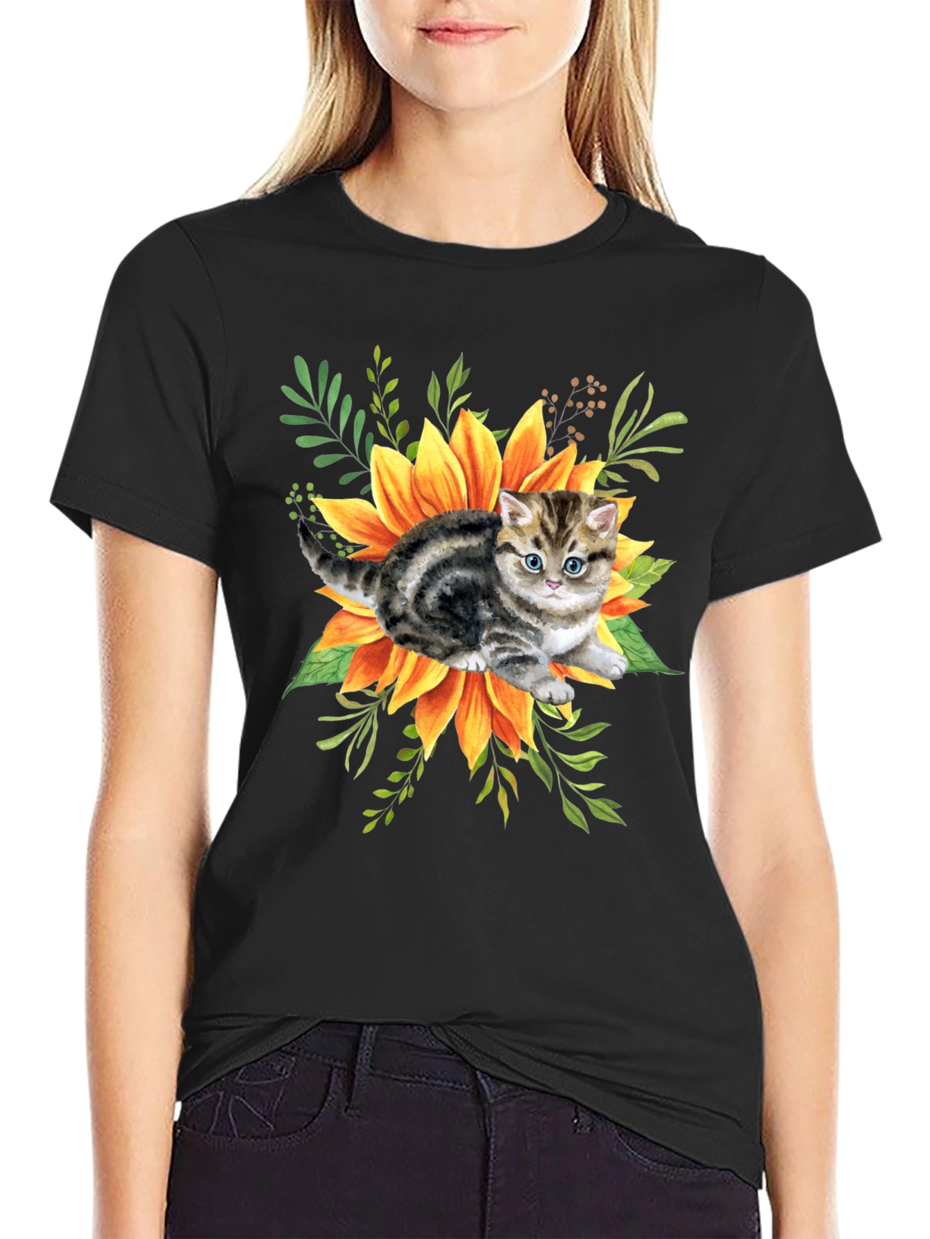 Kitten & Sunflower Graphic Tee - Black Cotton Blend