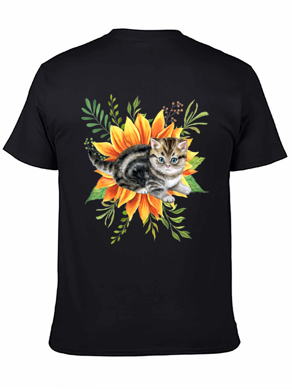 Kitten & Sunflower Graphic Tee - Black Cotton Blend