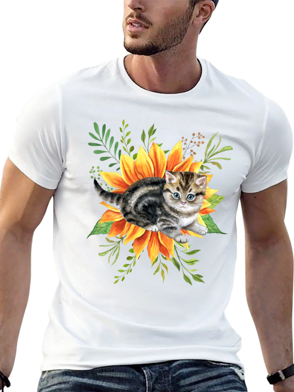 Kitten & Sunflower Graphic Tee - Black Cotton Blend