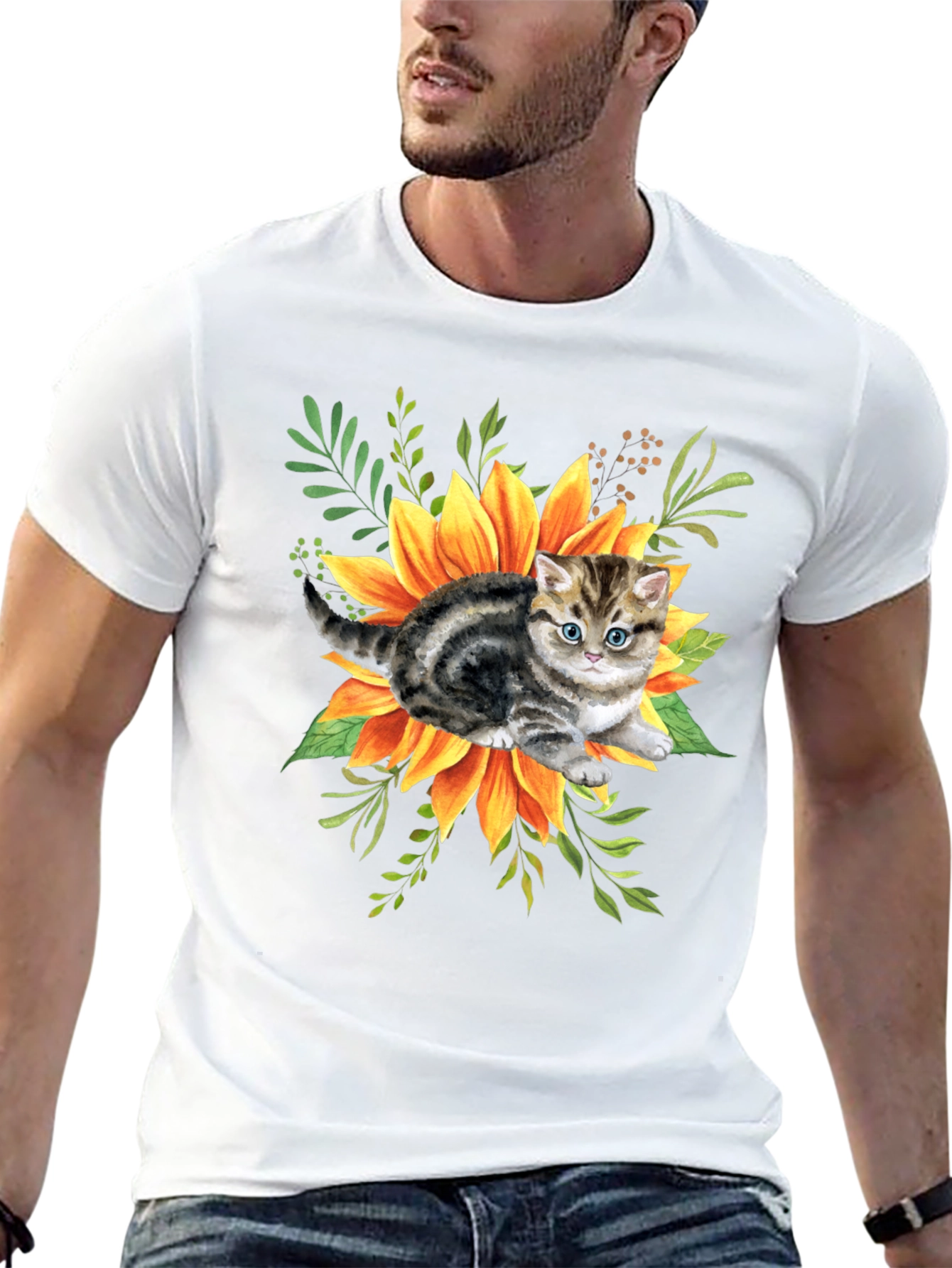 Kitten & Sunflower Graphic Tee - Black Cotton Blend