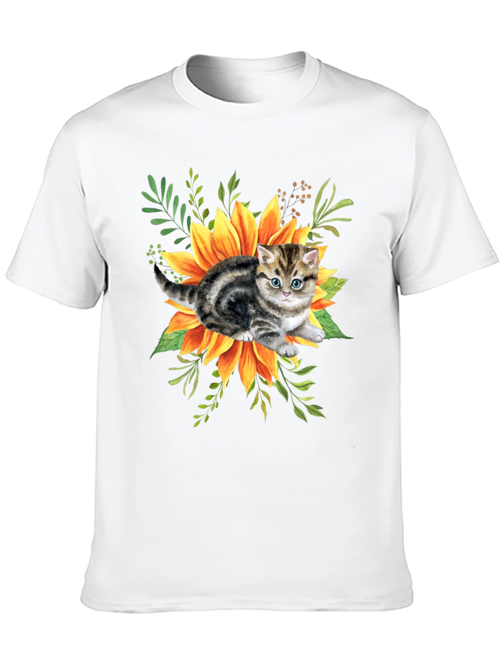 Kitten & Sunflower Graphic Tee - Black Cotton Blend