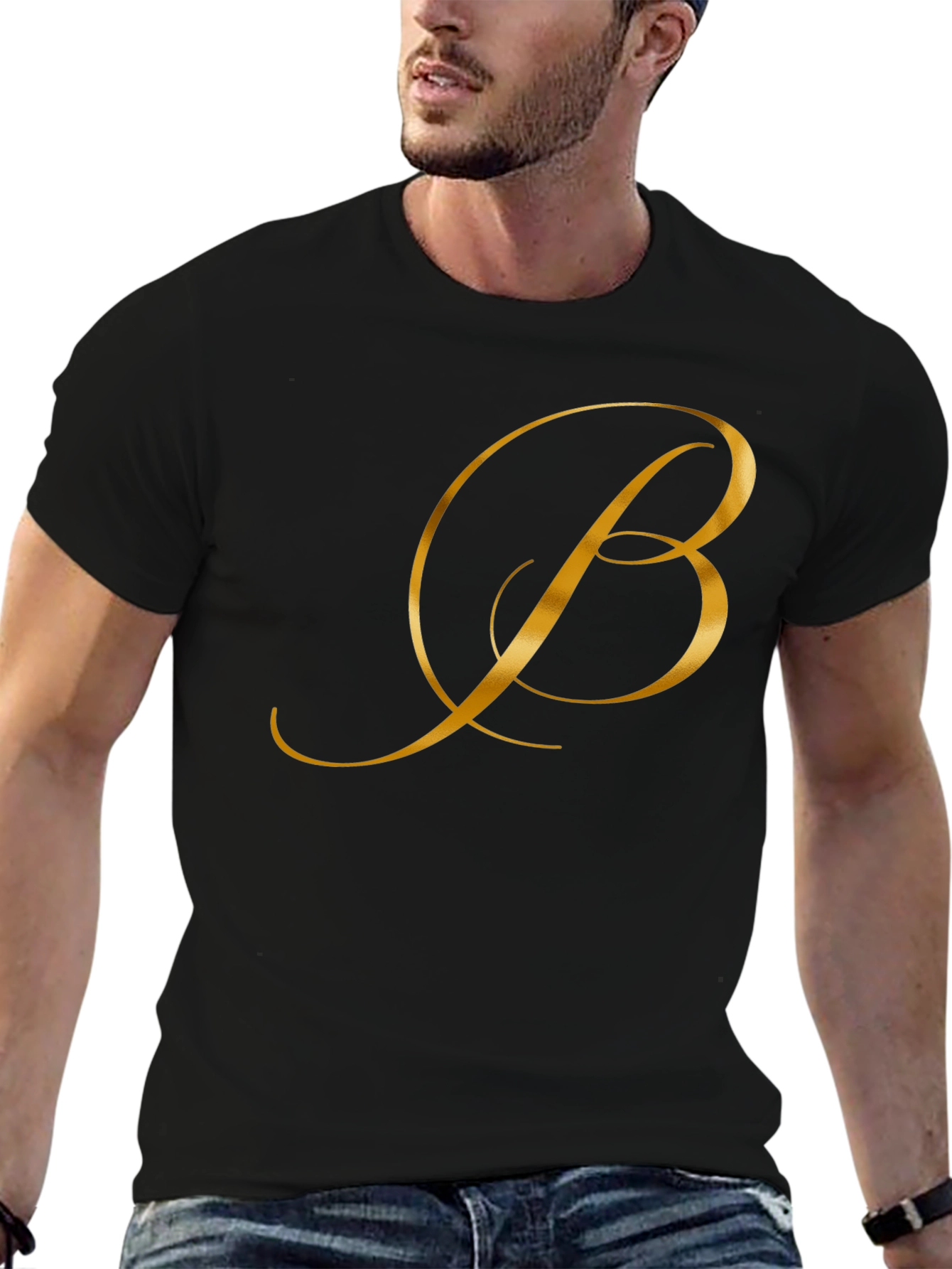 Elegant Gold Letter B Black T-Shirt