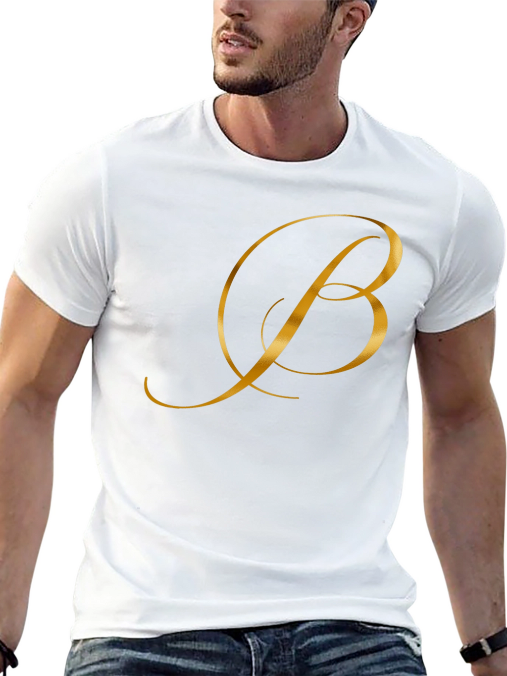 Elegant Gold Letter B Black T-Shirt