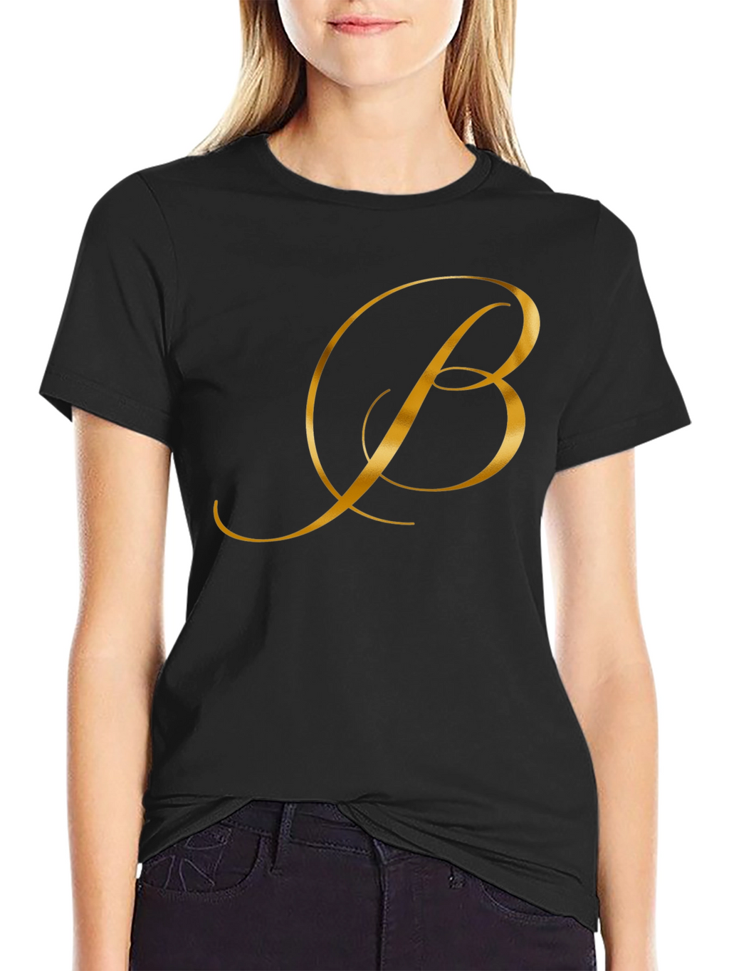 Elegant Gold Letter B Black T-Shirt