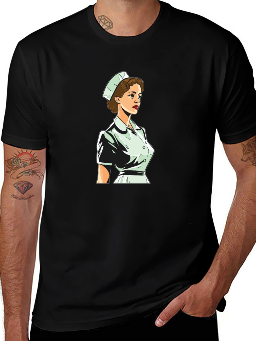 Retro Nurse Graphic Tee - Black Cotton Blend