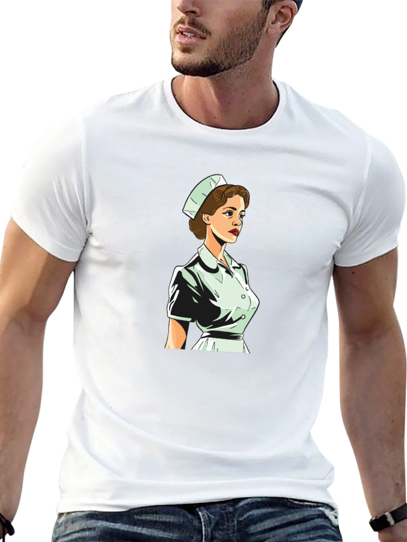 Retro Nurse Graphic Tee - Black Cotton Blend