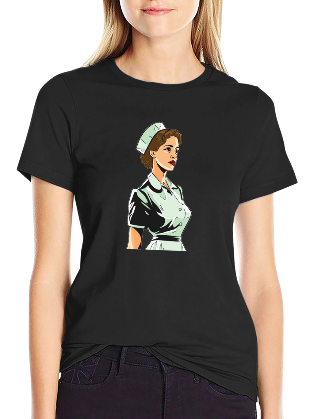 Retro Nurse Graphic Tee - Black Cotton Blend