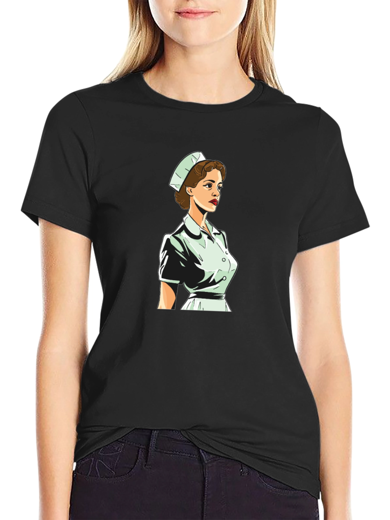 Retro Nurse Graphic Tee - Black Cotton Blend