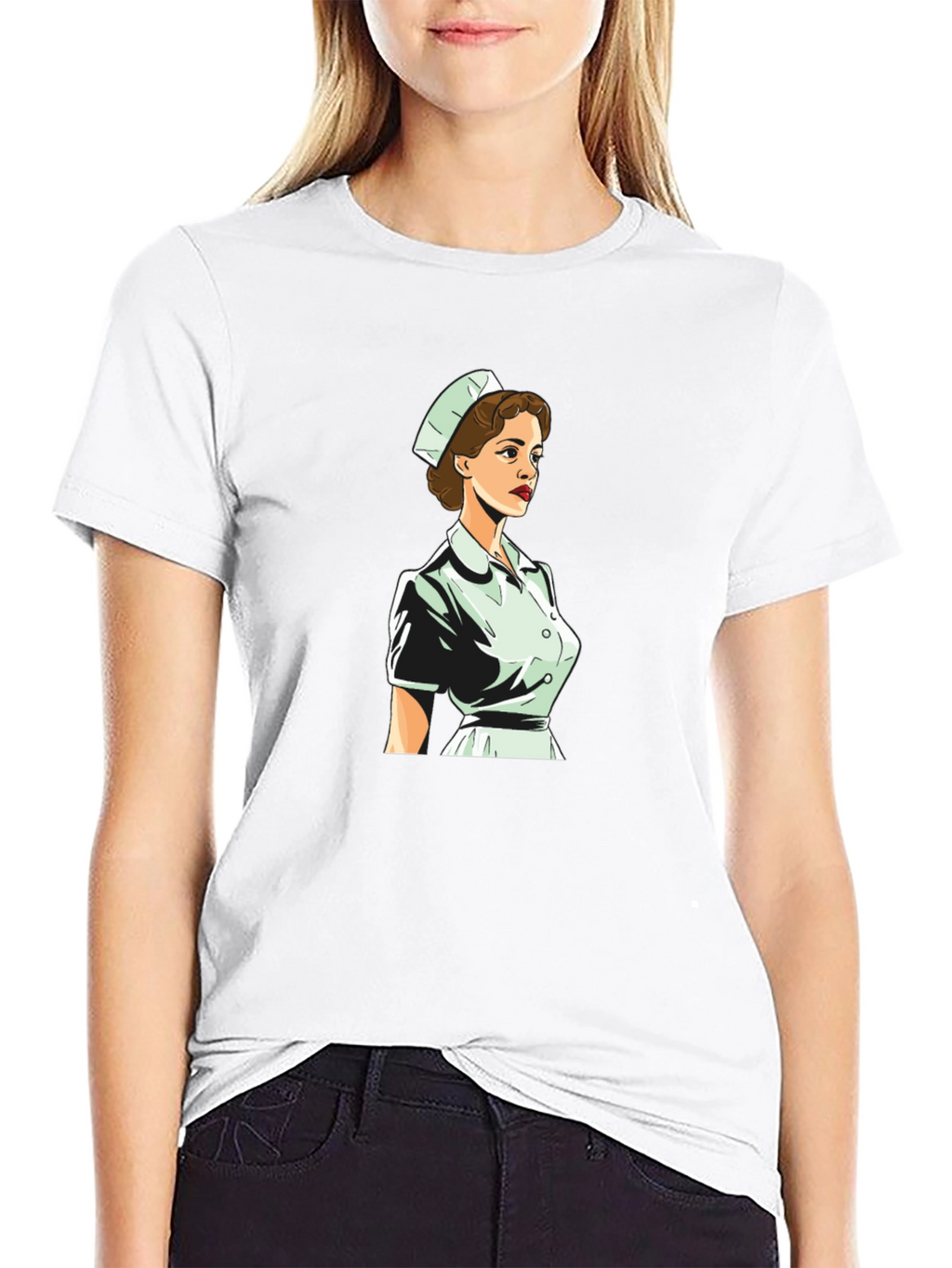 Retro Nurse Graphic Tee - Black Cotton Blend