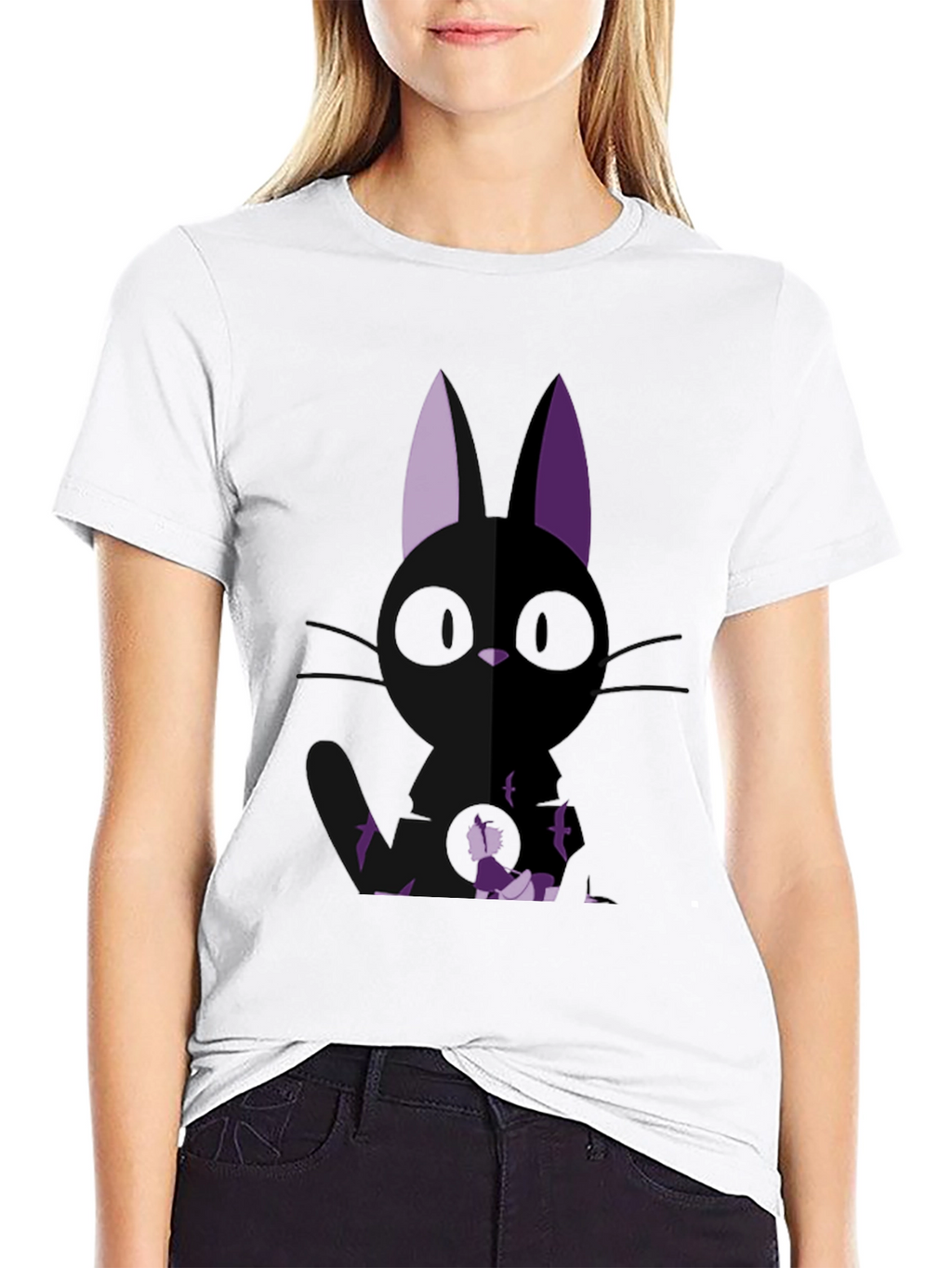 Anime Cat Graphic Tee - Black