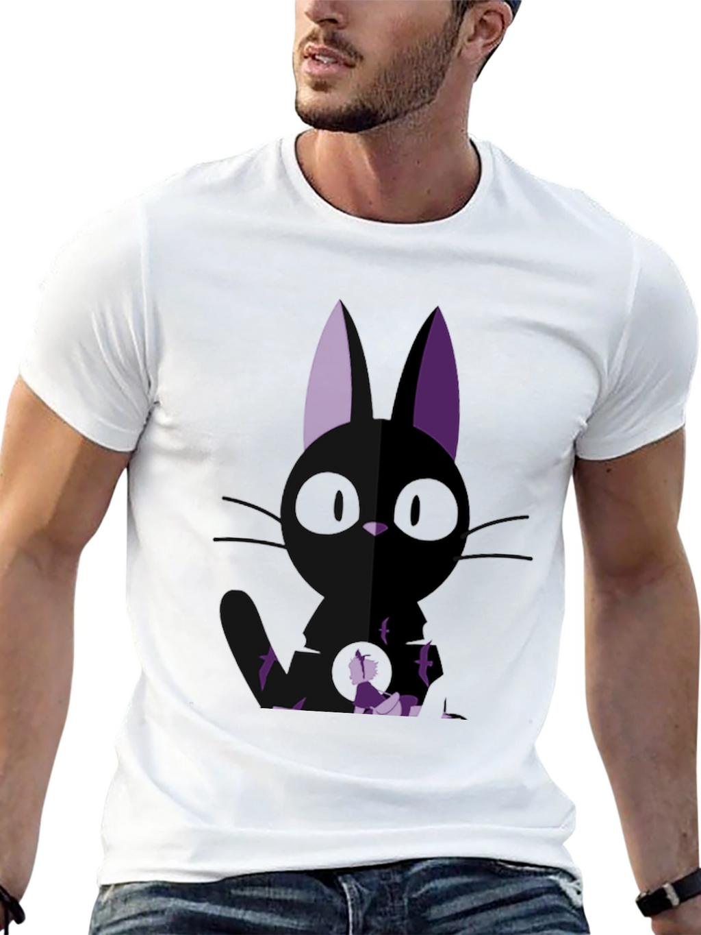 Anime Cat Graphic Tee - Black