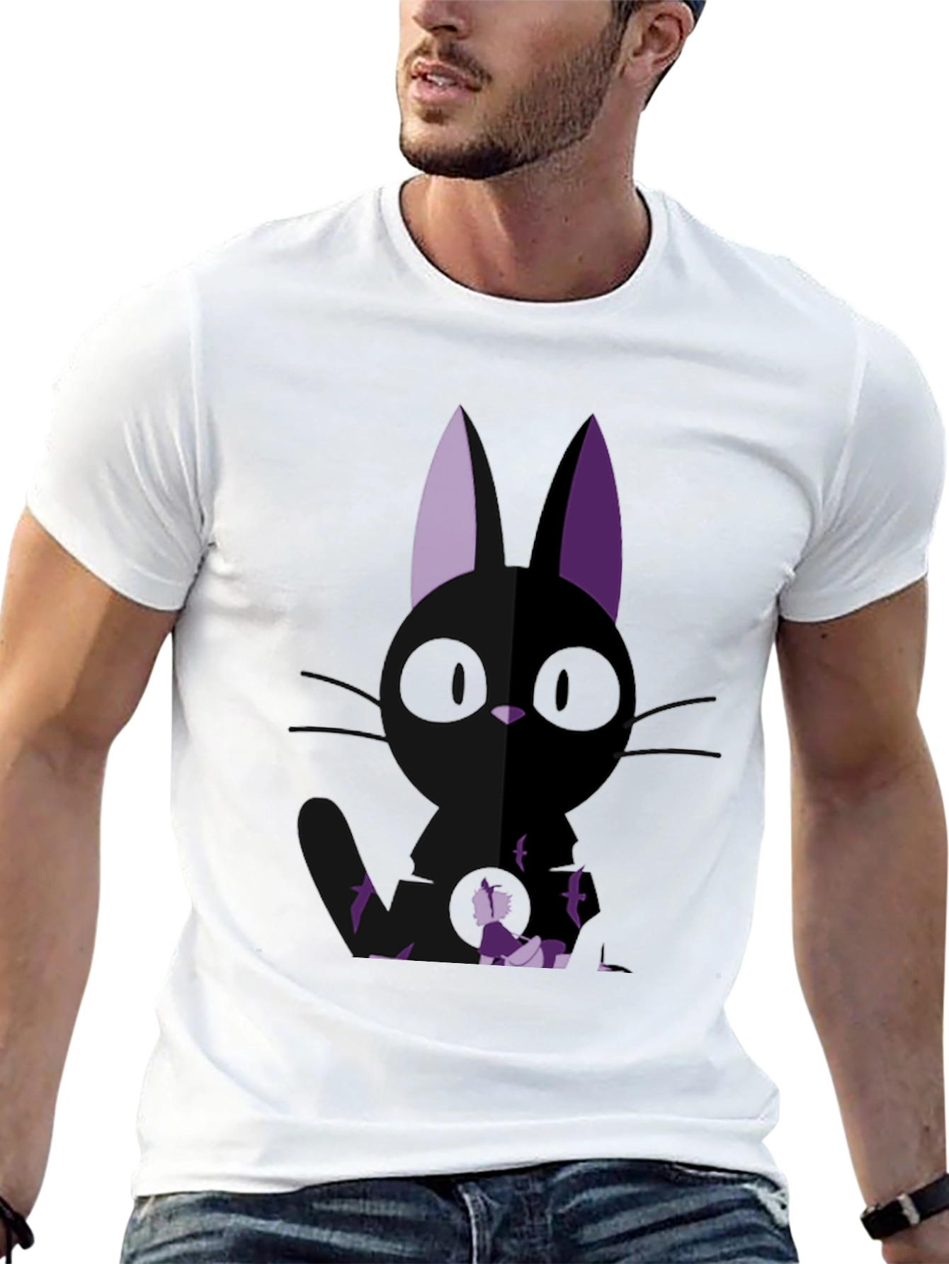 Anime Cat Graphic Tee - Black