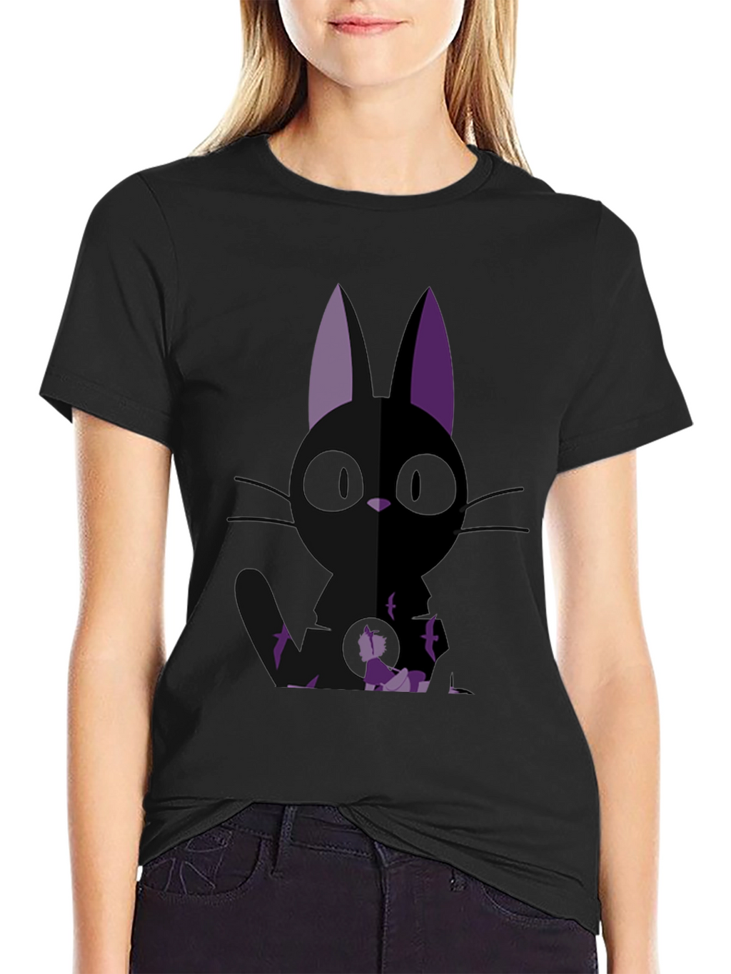 Anime Cat Graphic Tee - Black