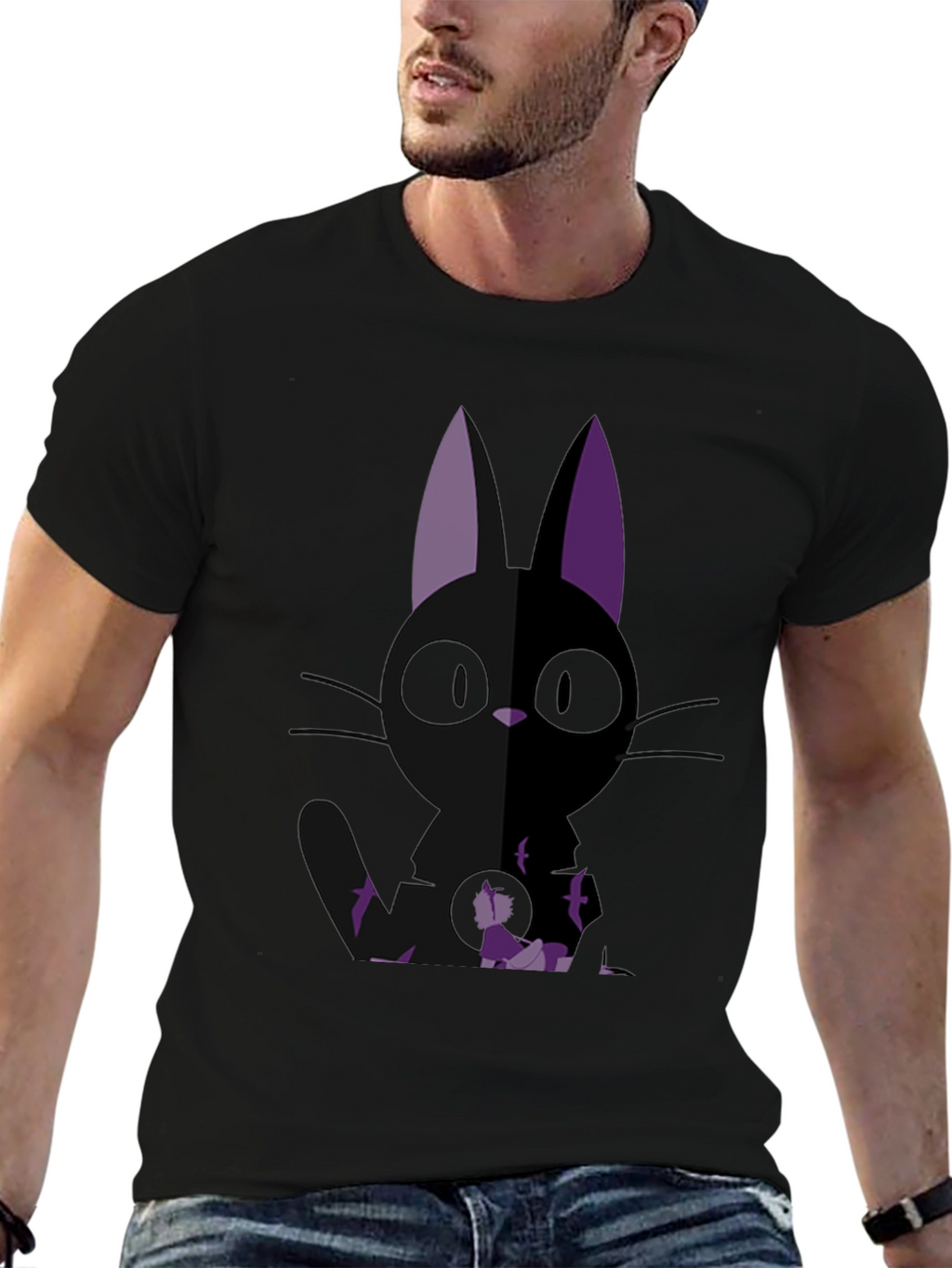 Anime Cat Graphic Tee - Black