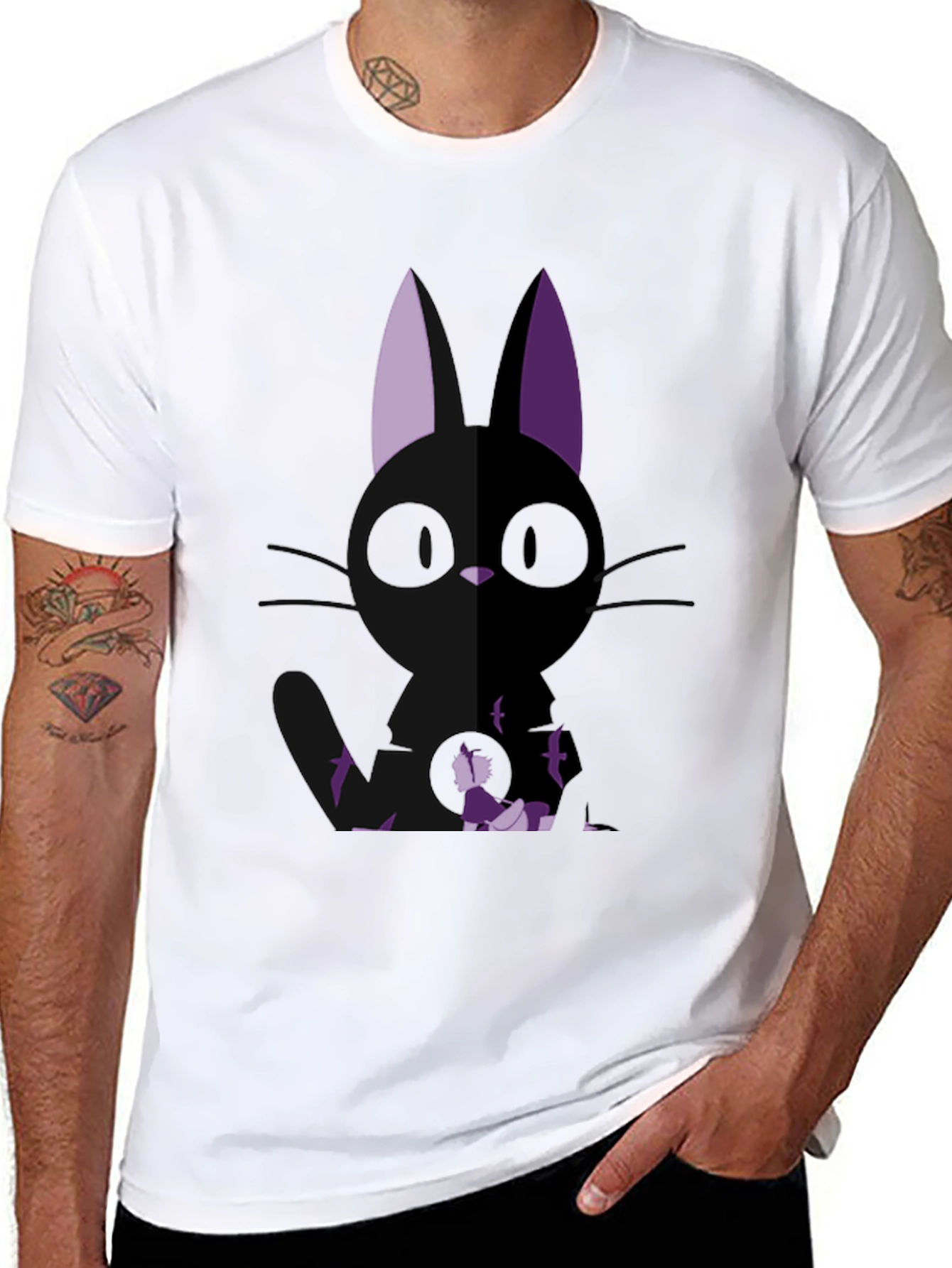 Anime Cat Graphic Tee - Black