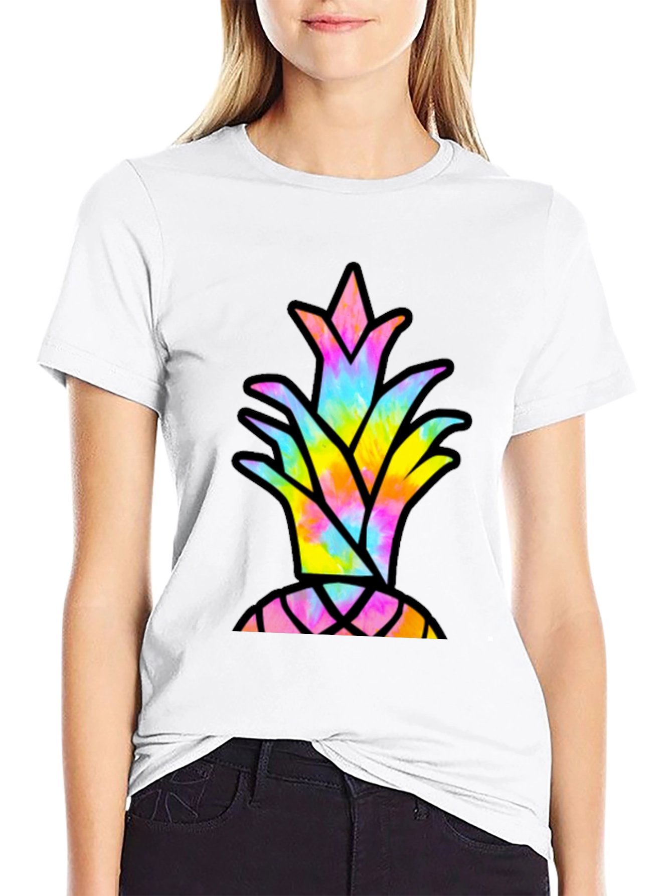 Tie Dye Pineapple Graphic Tee - Casual Black T-Shirt