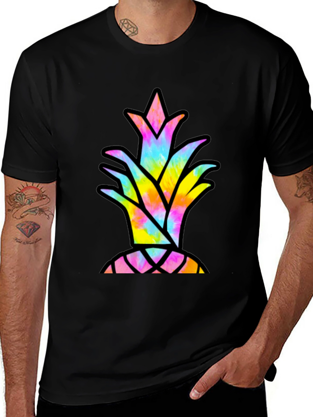 Tie Dye Pineapple Graphic Tee - Casual Black T-Shirt