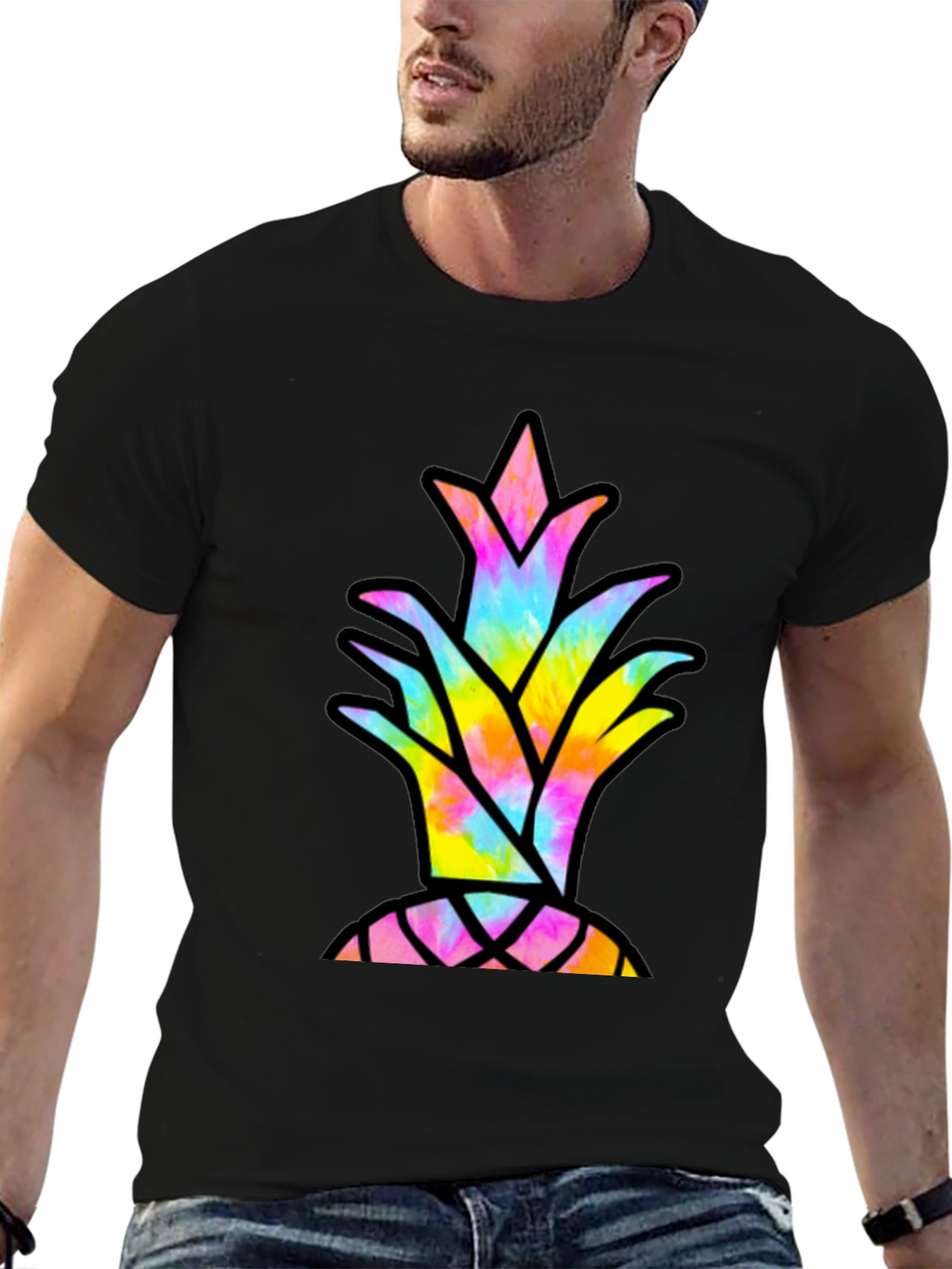 Tie Dye Pineapple Graphic Tee - Casual Black T-Shirt