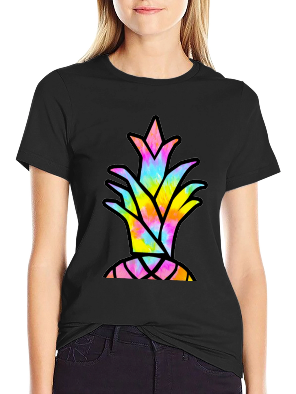 Tie Dye Pineapple Graphic Tee - Casual Black T-Shirt