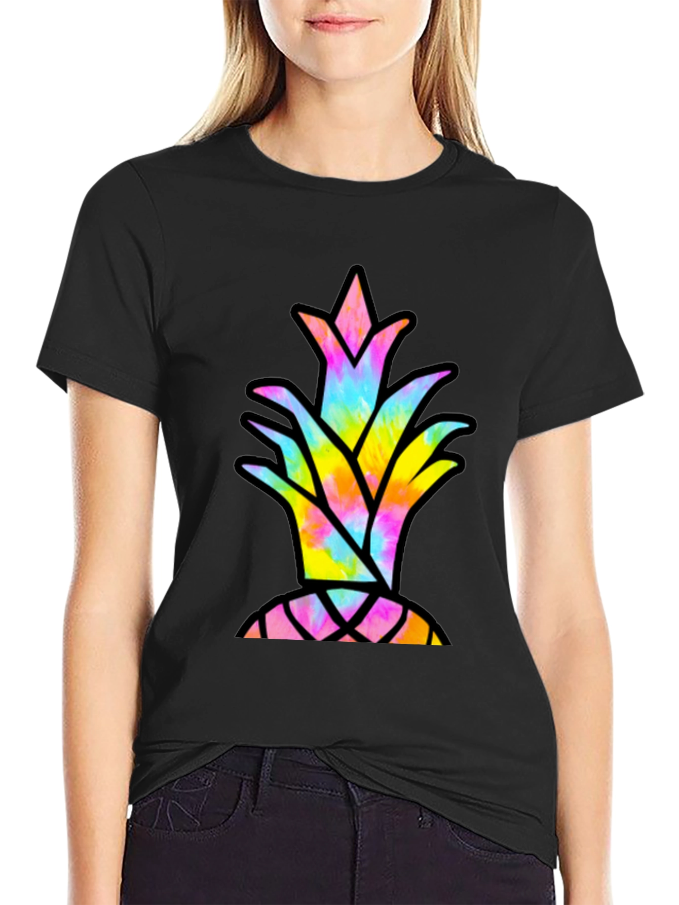 Tie Dye Pineapple Graphic Tee - Casual Black T-Shirt