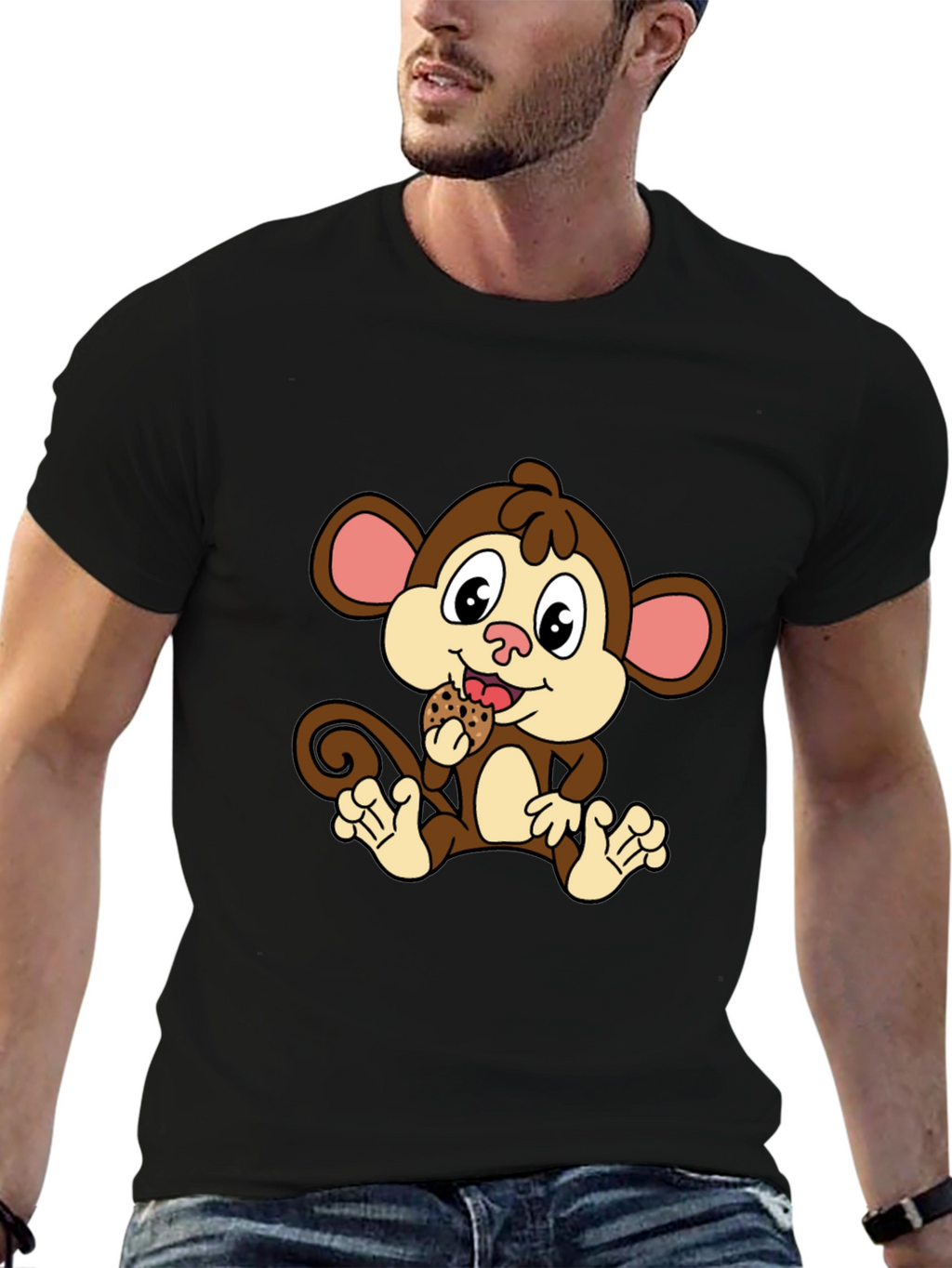 Cute Monkey Eating Cookie Black T-Shirt
