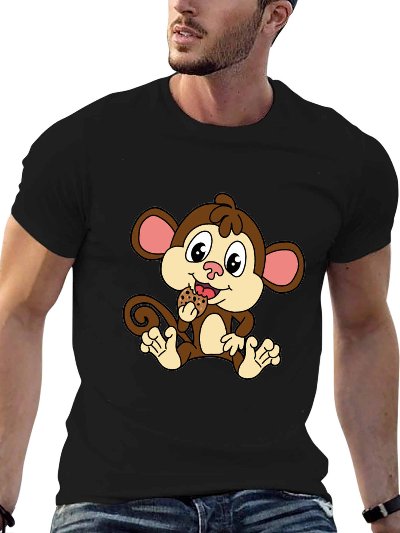 Cute Monkey Eating Cookie Black T-Shirt