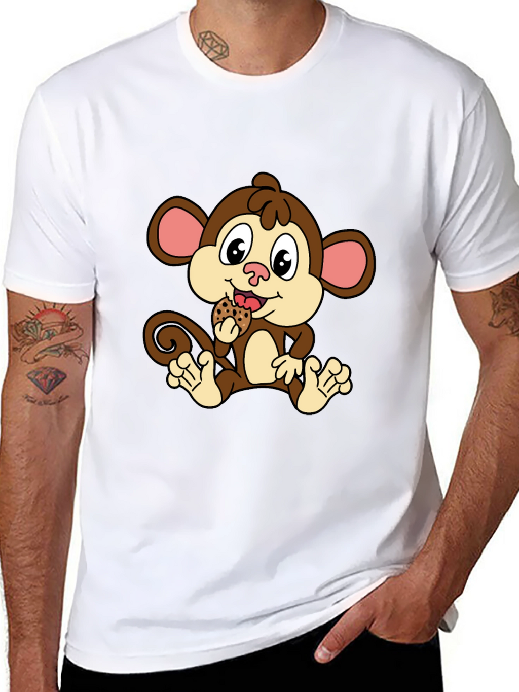 Cute Monkey Eating Cookie Black T-Shirt