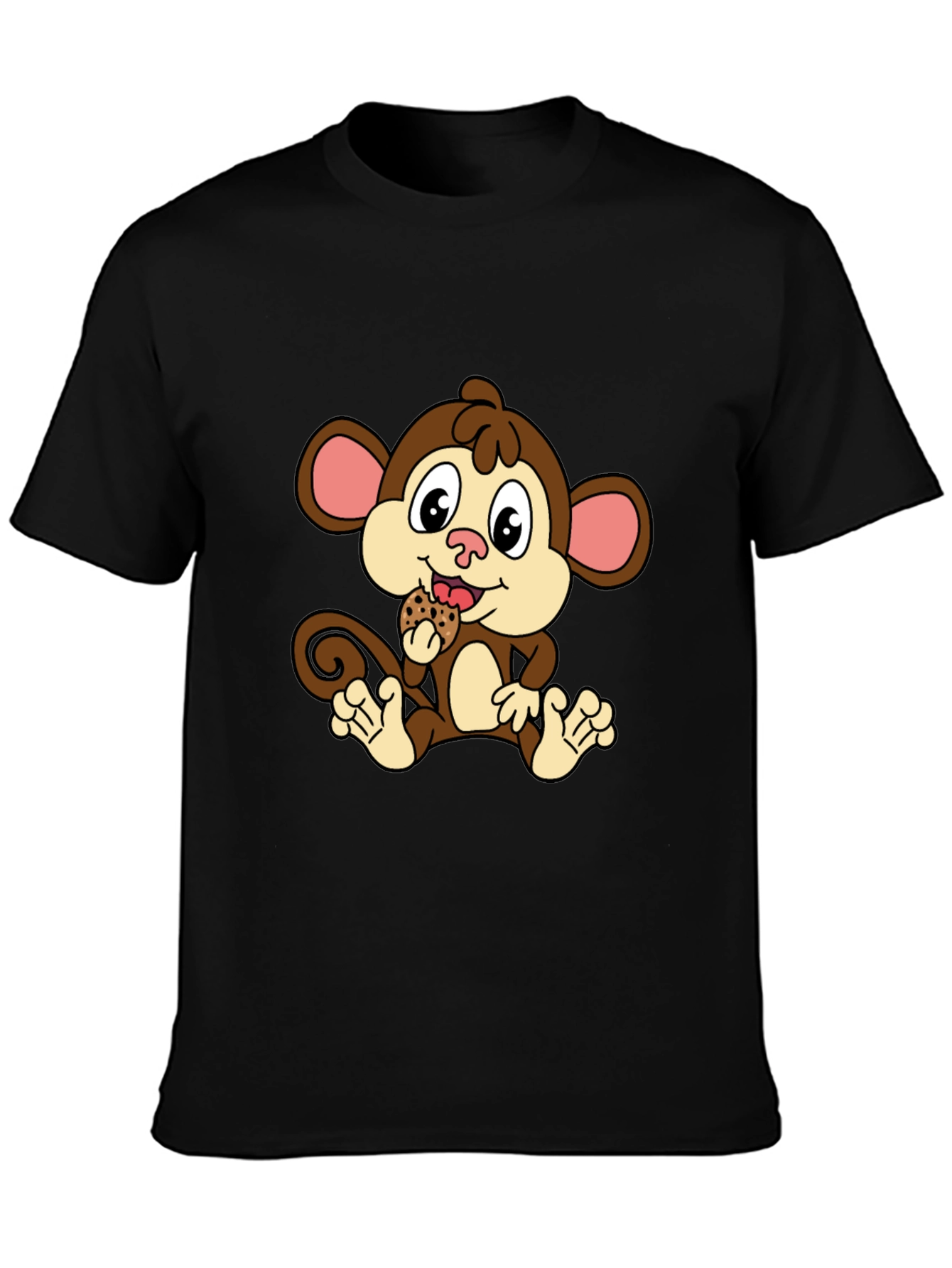 Cute Monkey Eating Cookie Black T-Shirt
