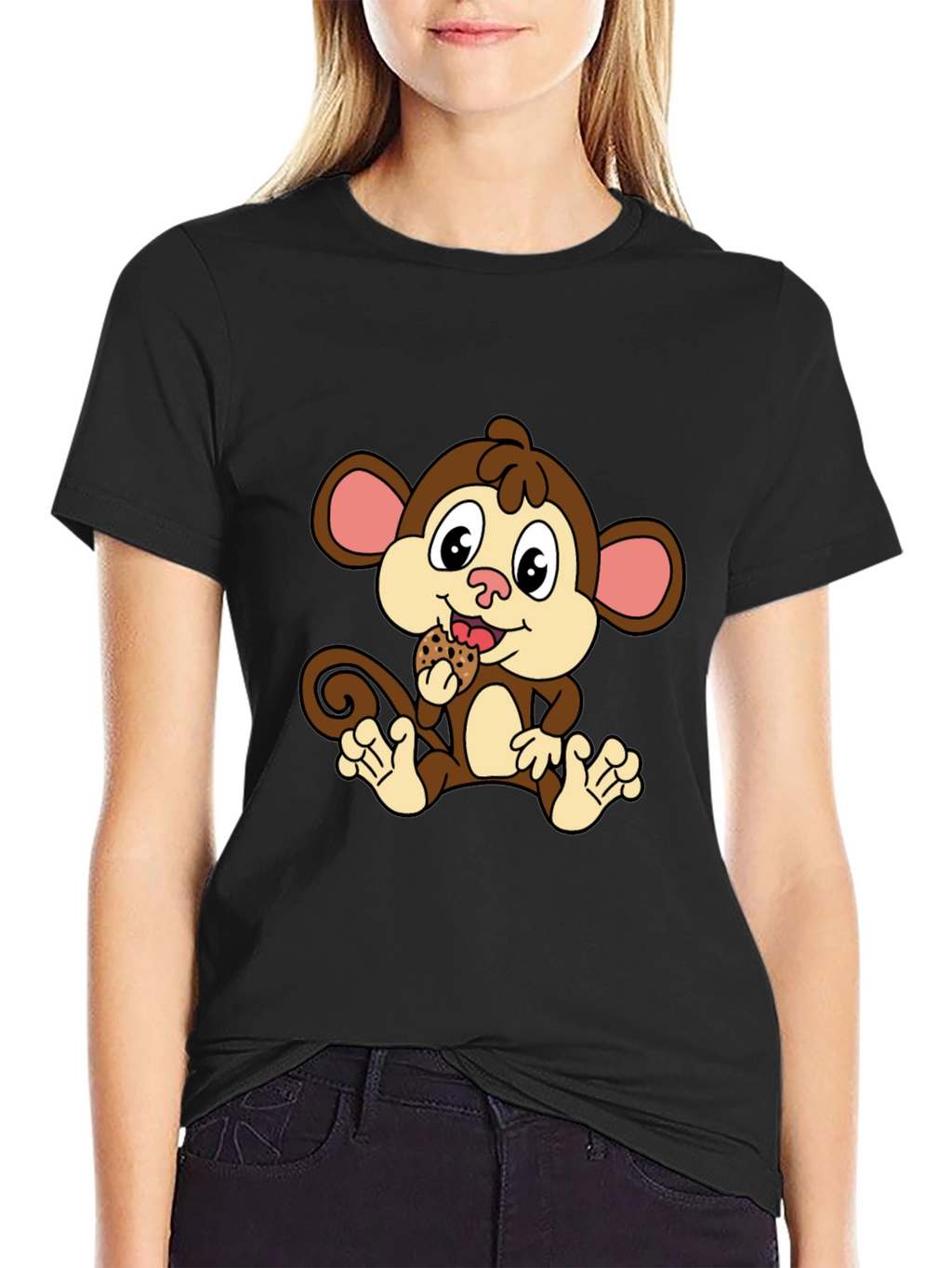 Cute Monkey Eating Cookie Black T-Shirt