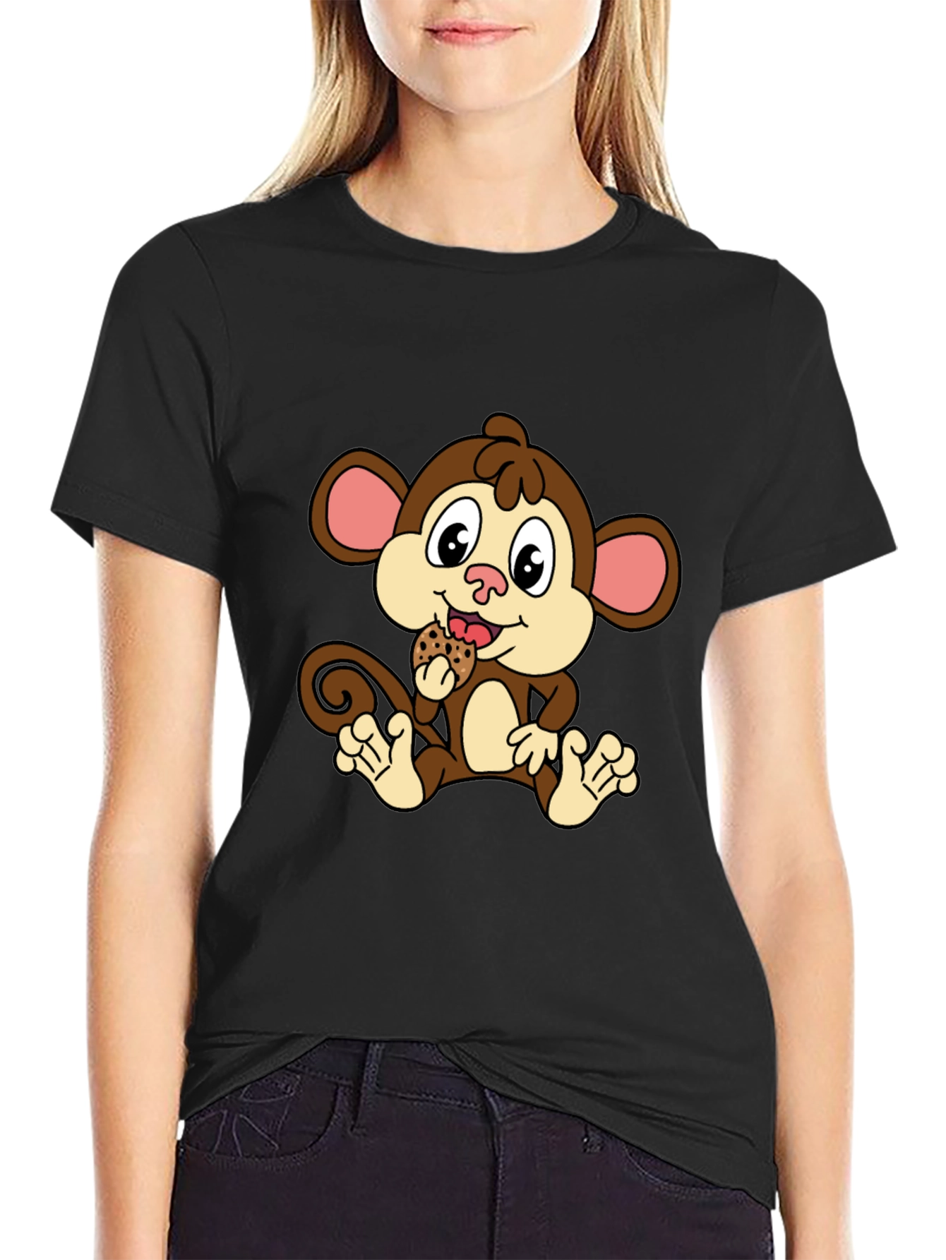Cute Monkey Eating Cookie Black T-Shirt