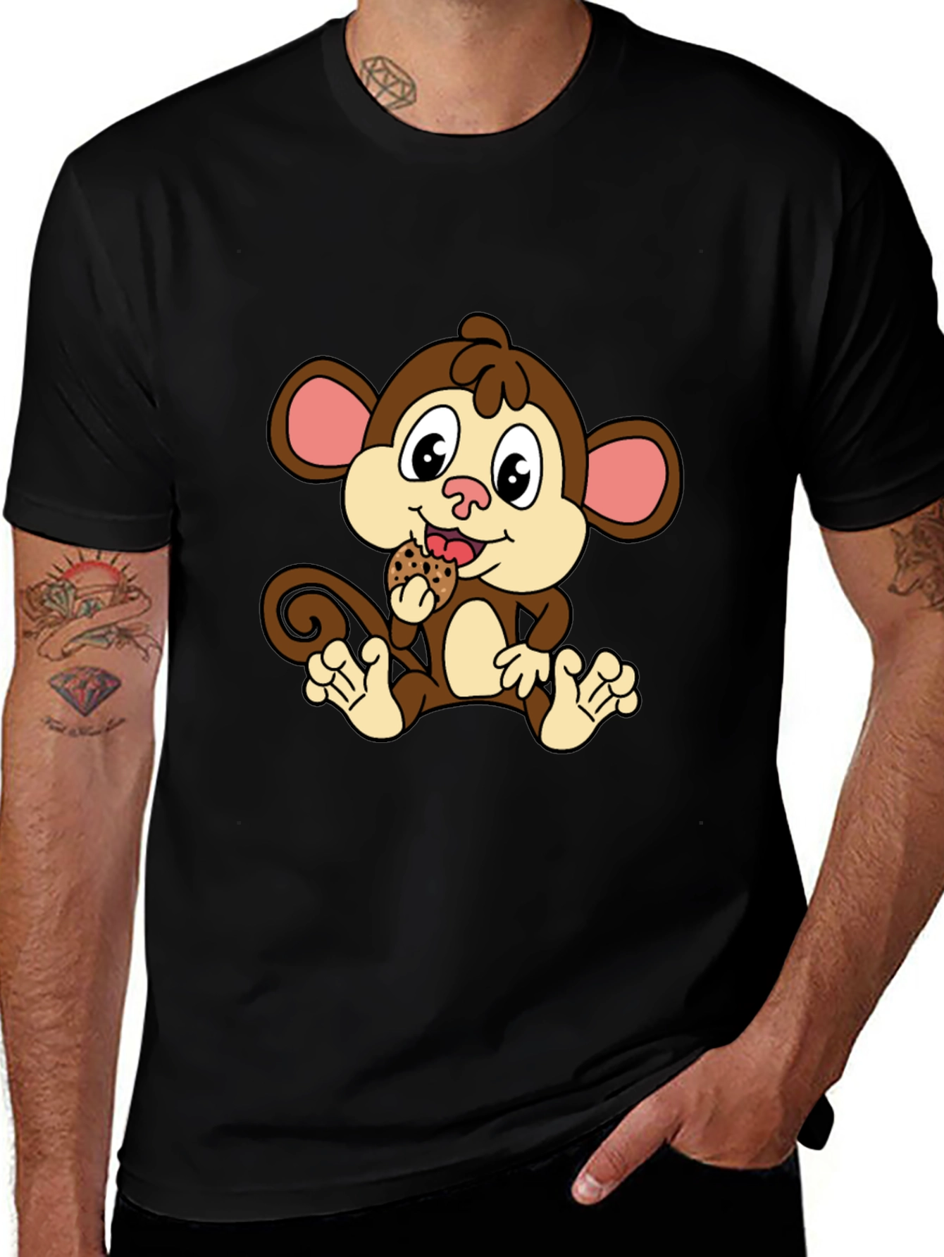 Cute Monkey Eating Cookie Black T-Shirt