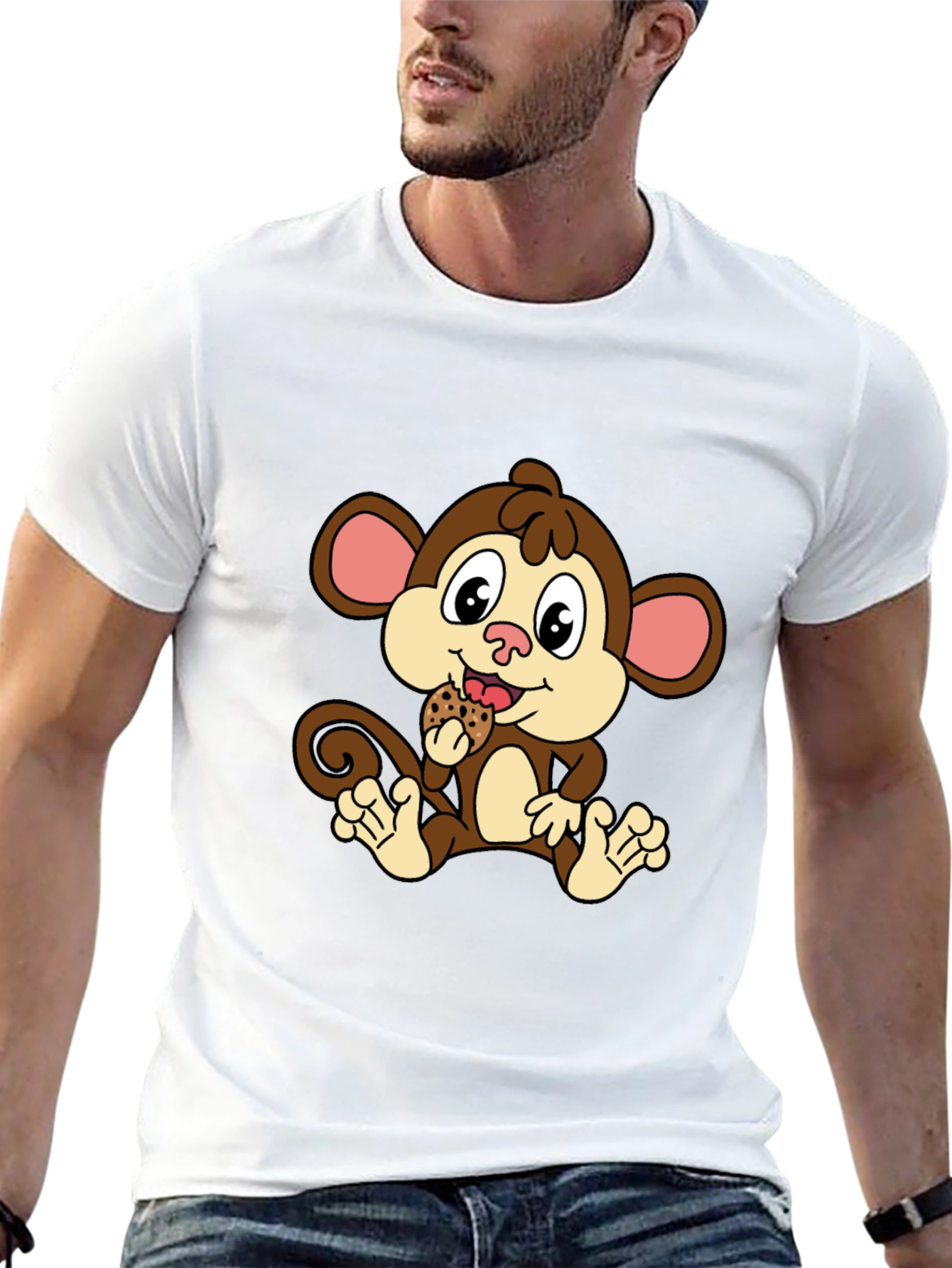 Cute Monkey Eating Cookie Black T-Shirt