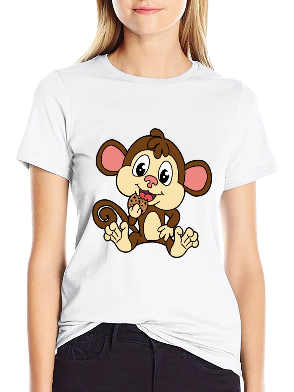 Cute Monkey Eating Cookie Black T-Shirt