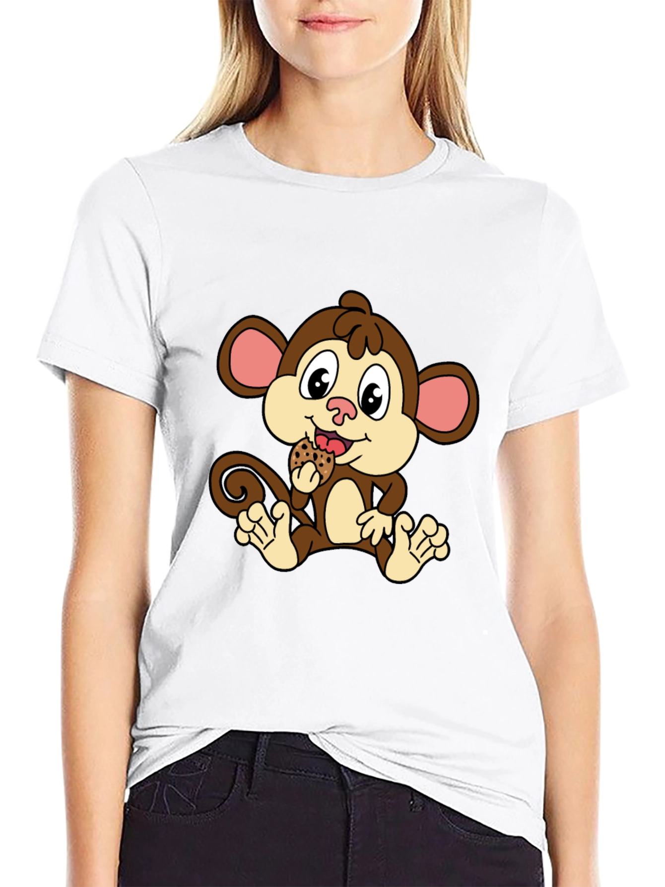 Cute Monkey Eating Cookie Black T-Shirt