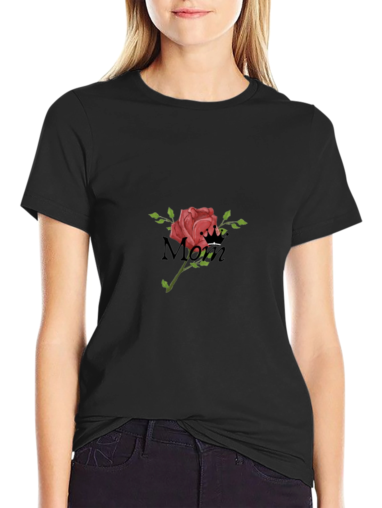 Mom Rose Graphic Black T-Shirt